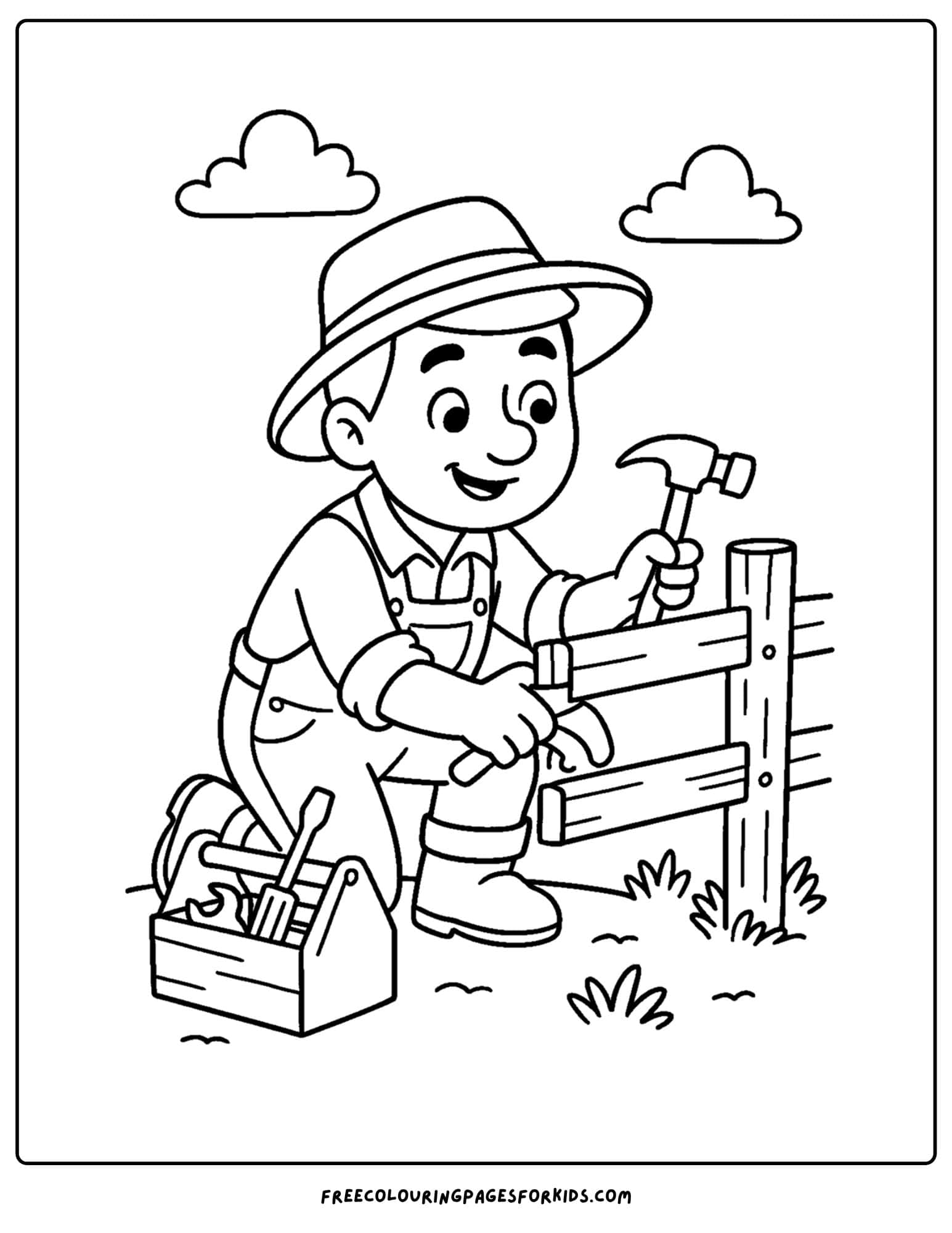 a farm coloring page featuring a farmer fixing a fence
