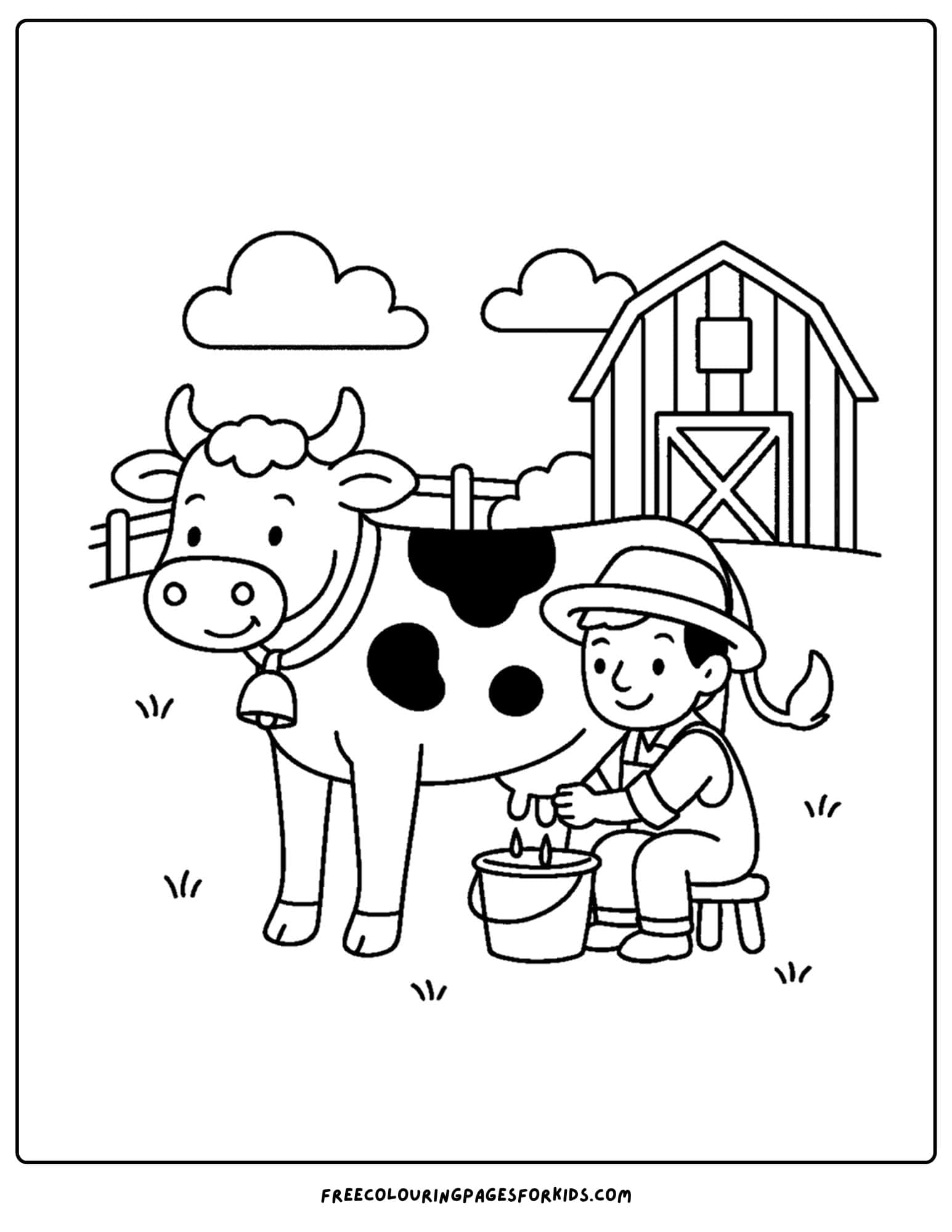 a farm coloring page featuring a farmer milking a cow