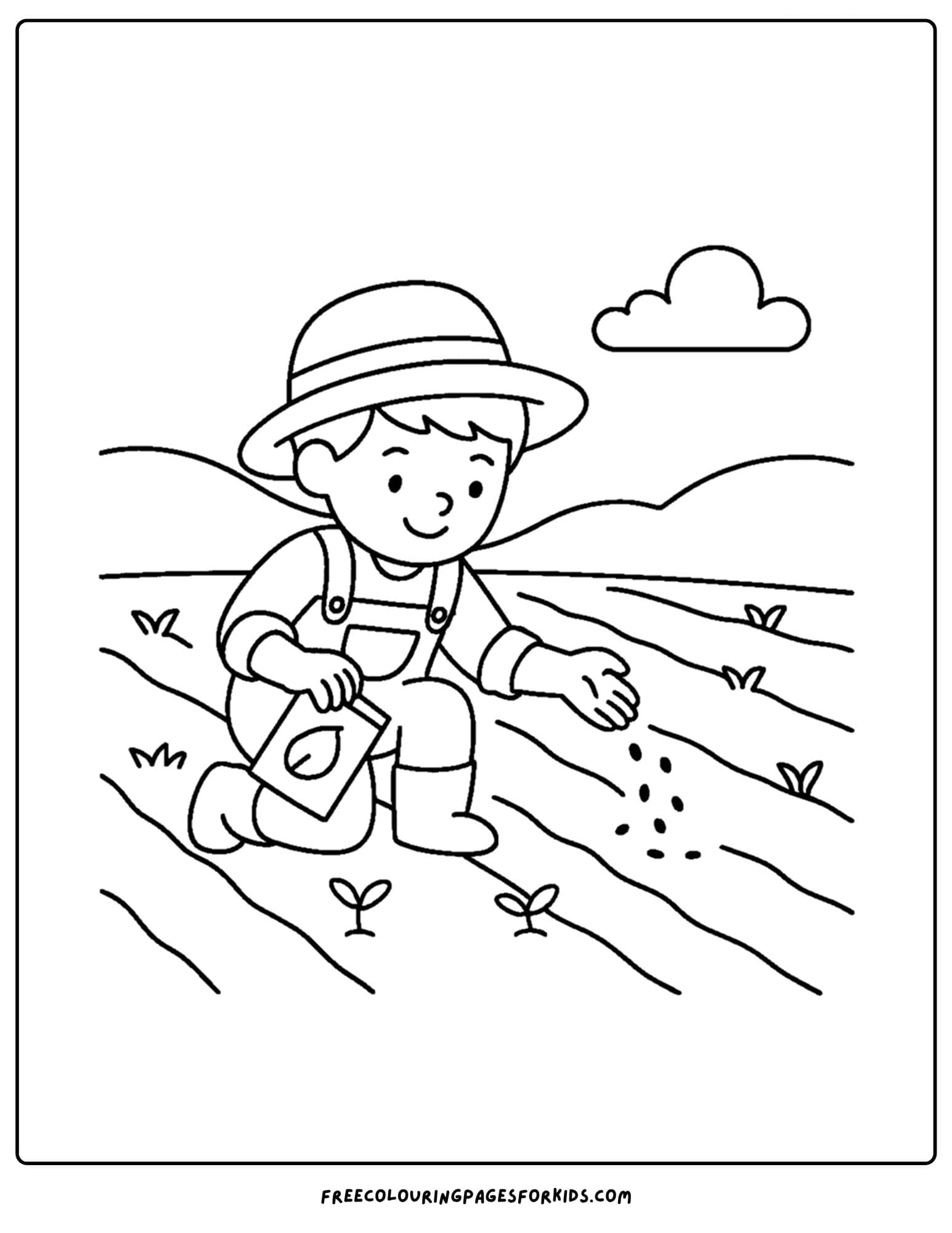 a farm coloring page featuring a farmer planting seeds in a field