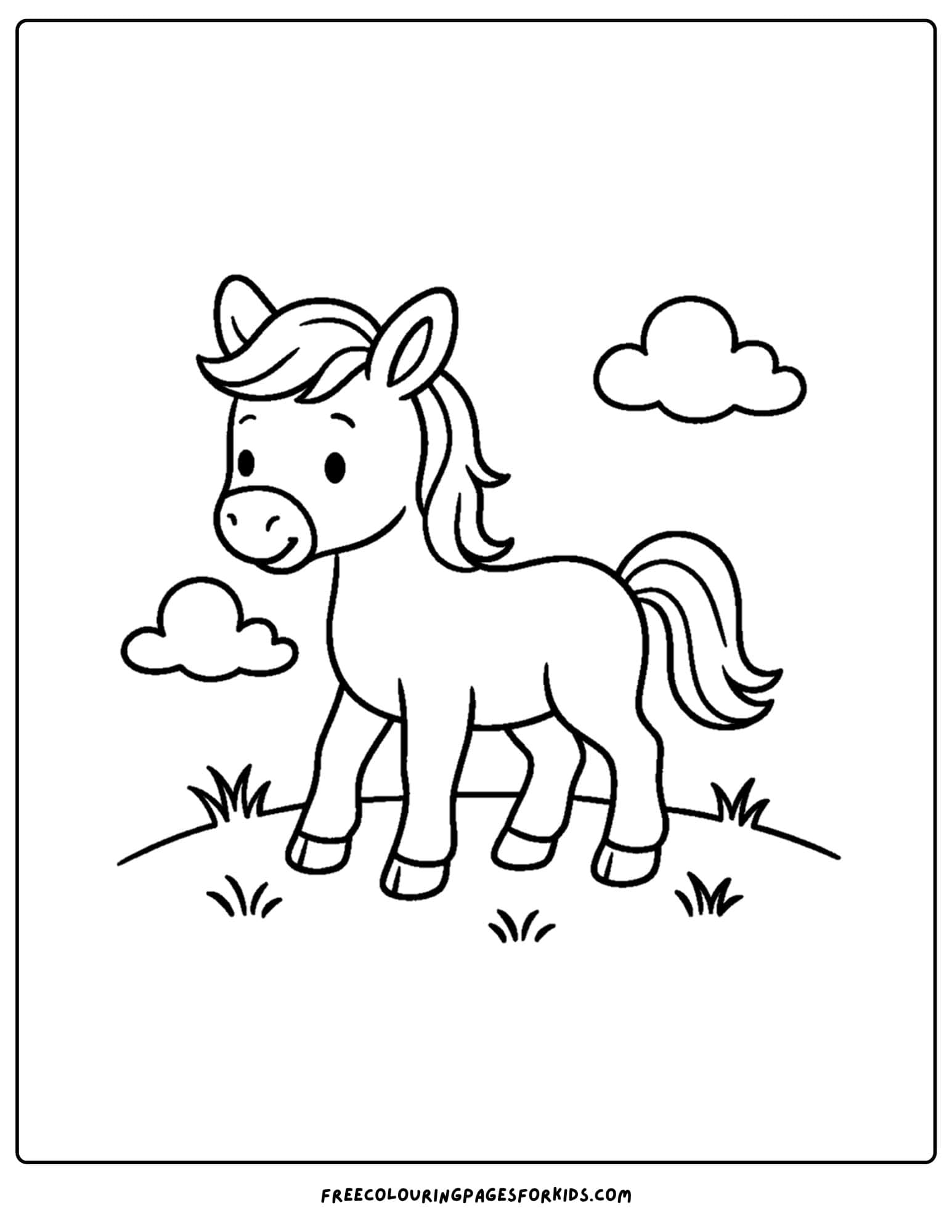a farm coloring page featuring a foal standing on a hill