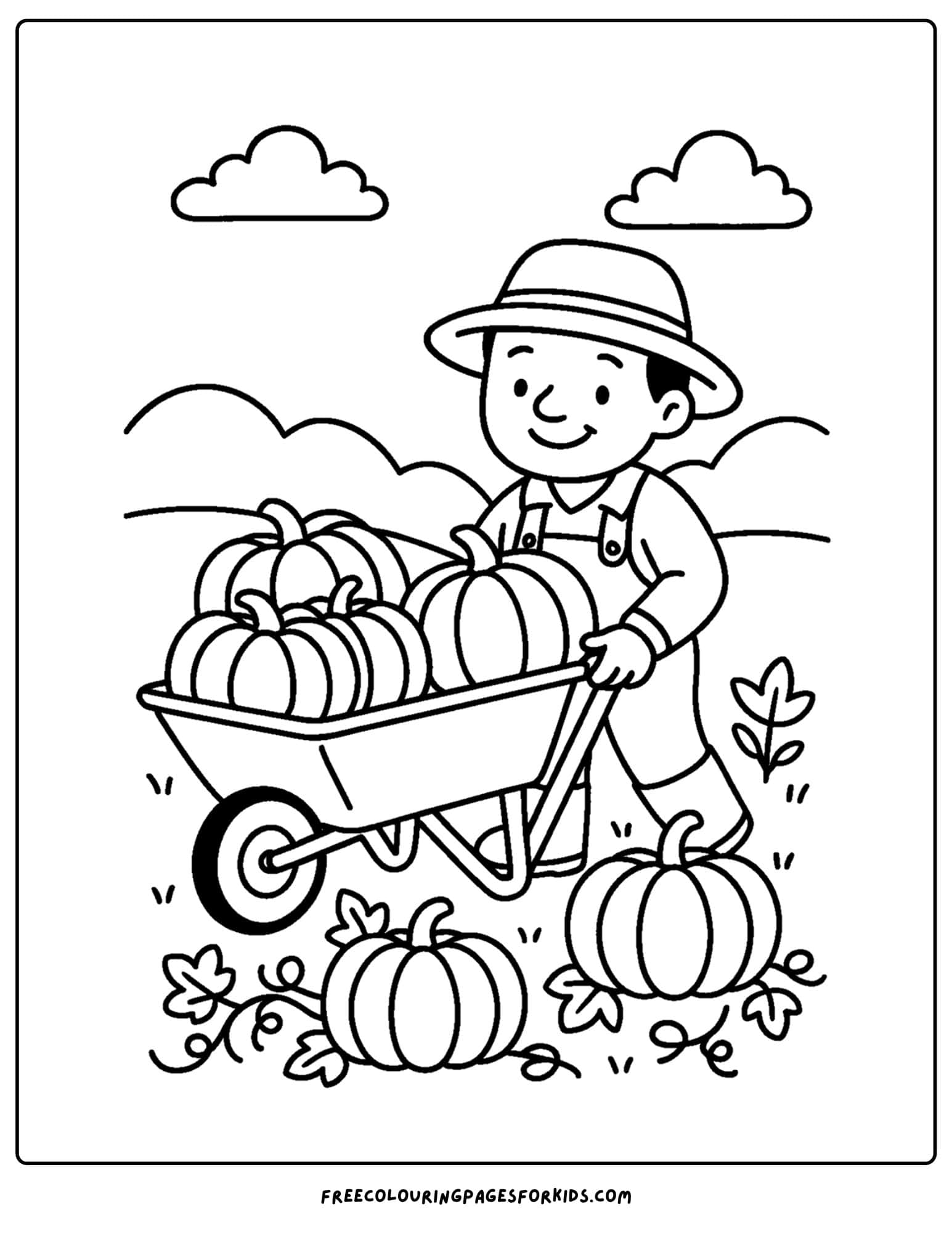 a farm coloring page featuring a farmer with a wheelbarrow full of vegetables