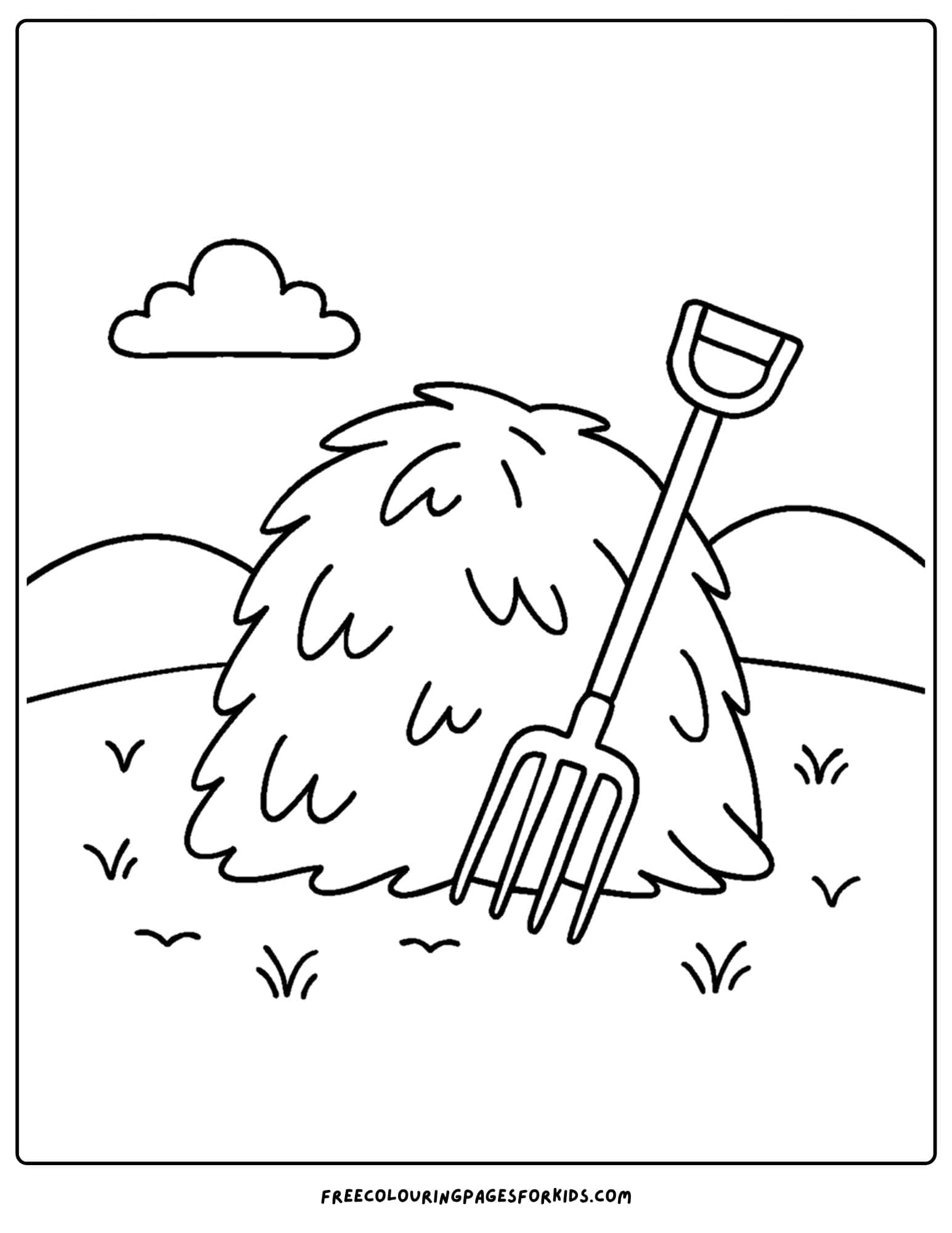 a farm coloring page featuring a haystack and pitch fork