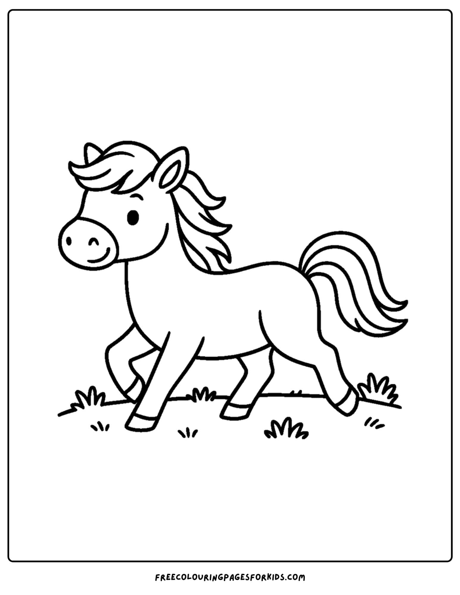 a farm coloring page featuring a horse trotting in a field