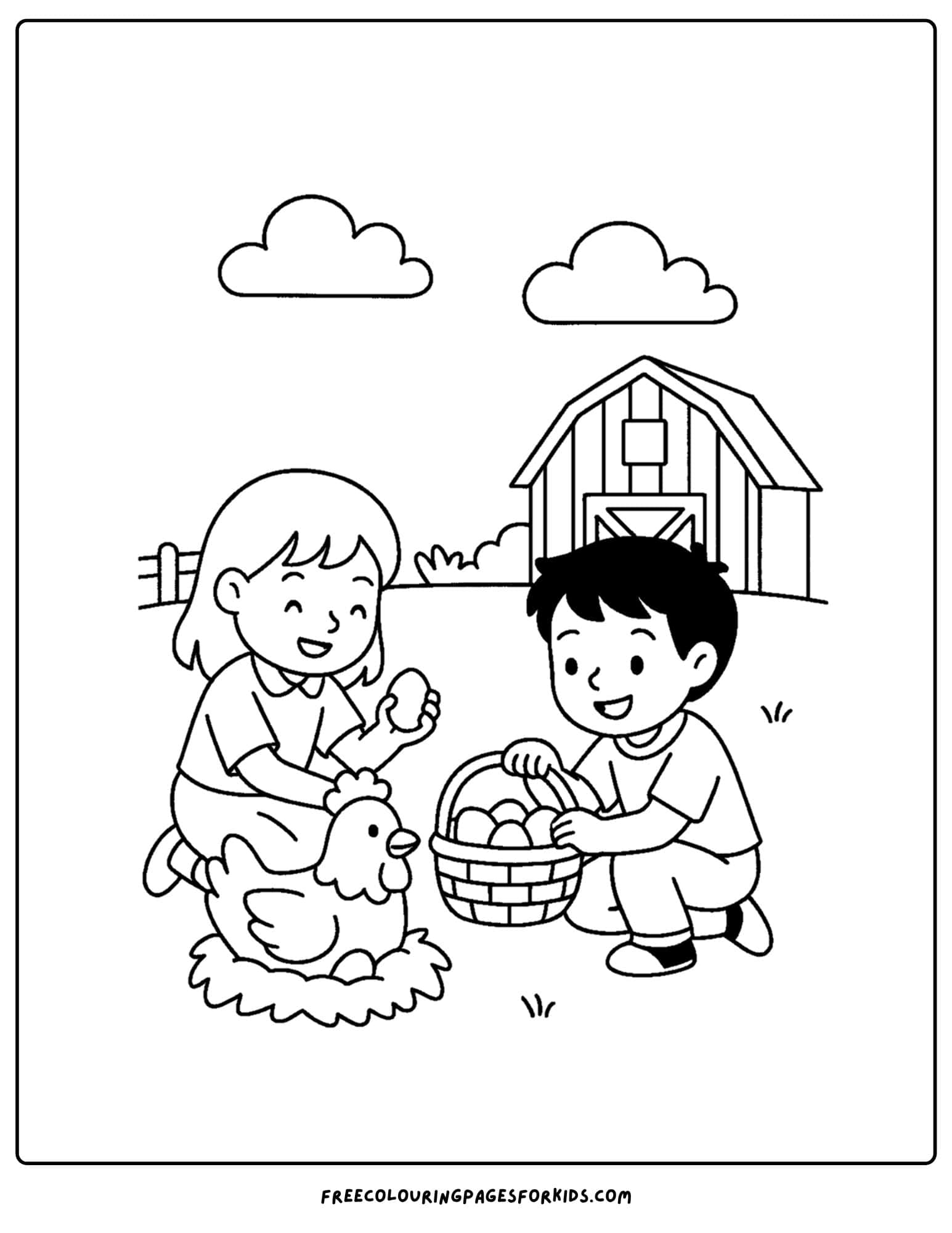 a farm coloring page featuring kids collecting eggs from a hen
