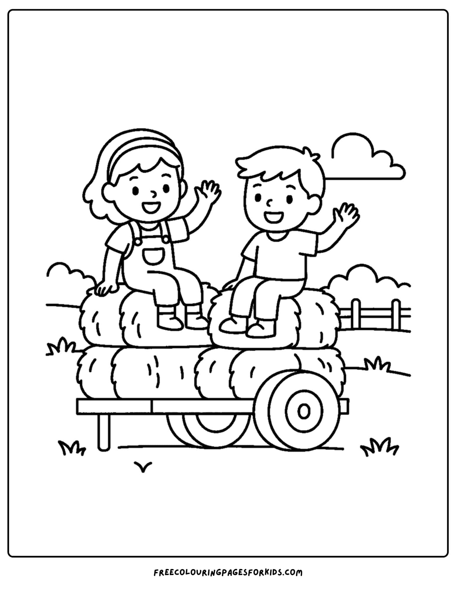 a farm coloring page featuring kids sitting on a trailer loaded with hay