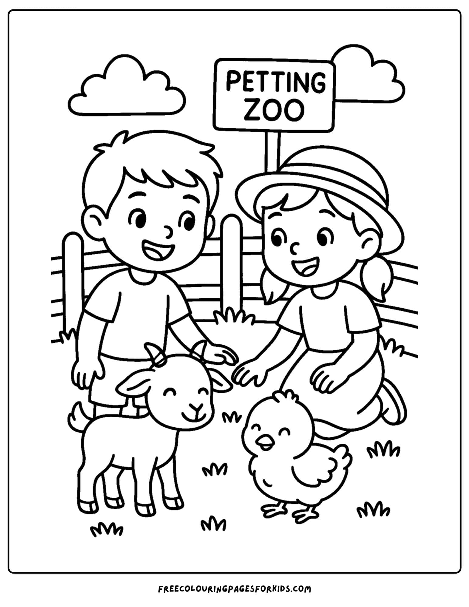 a farm coloring page featuring kids petting animals