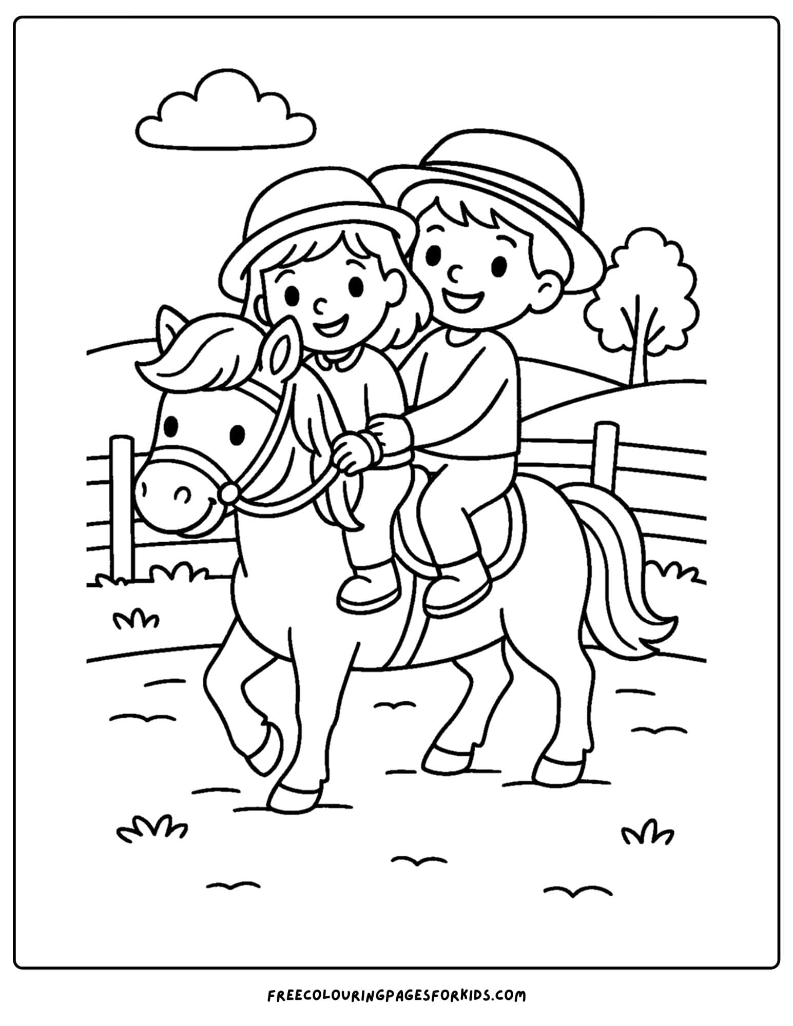 a farm coloring page featuring kids riding on a pony