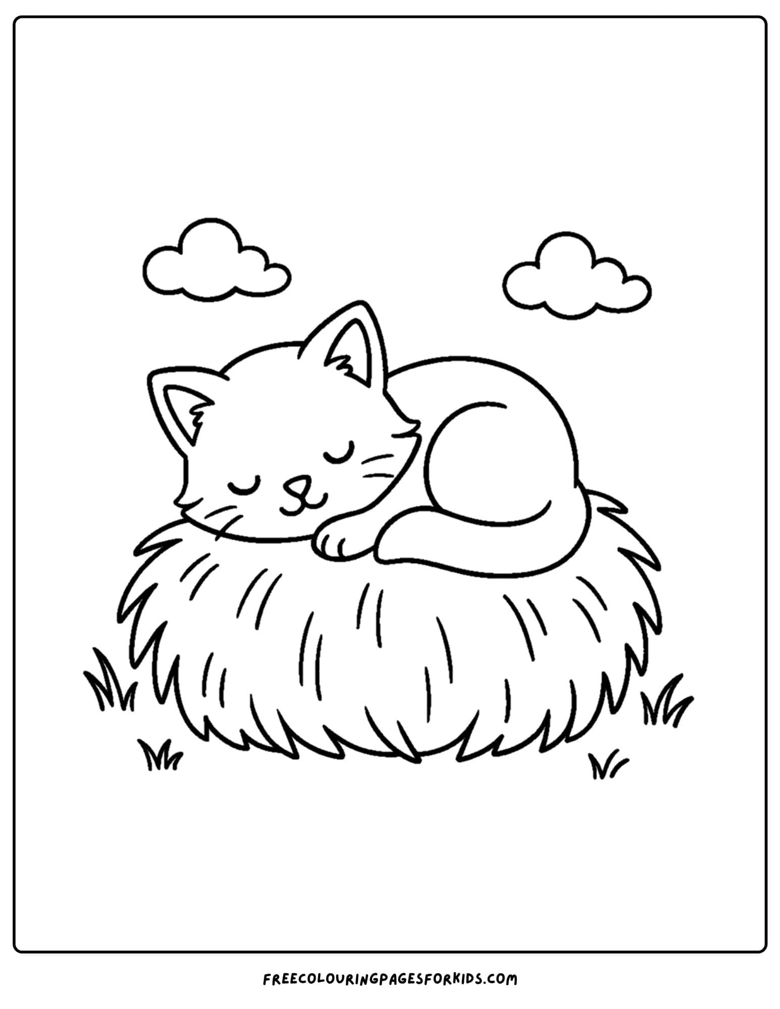 a farm coloring page featuring a cat sleeping on a bundle of hay