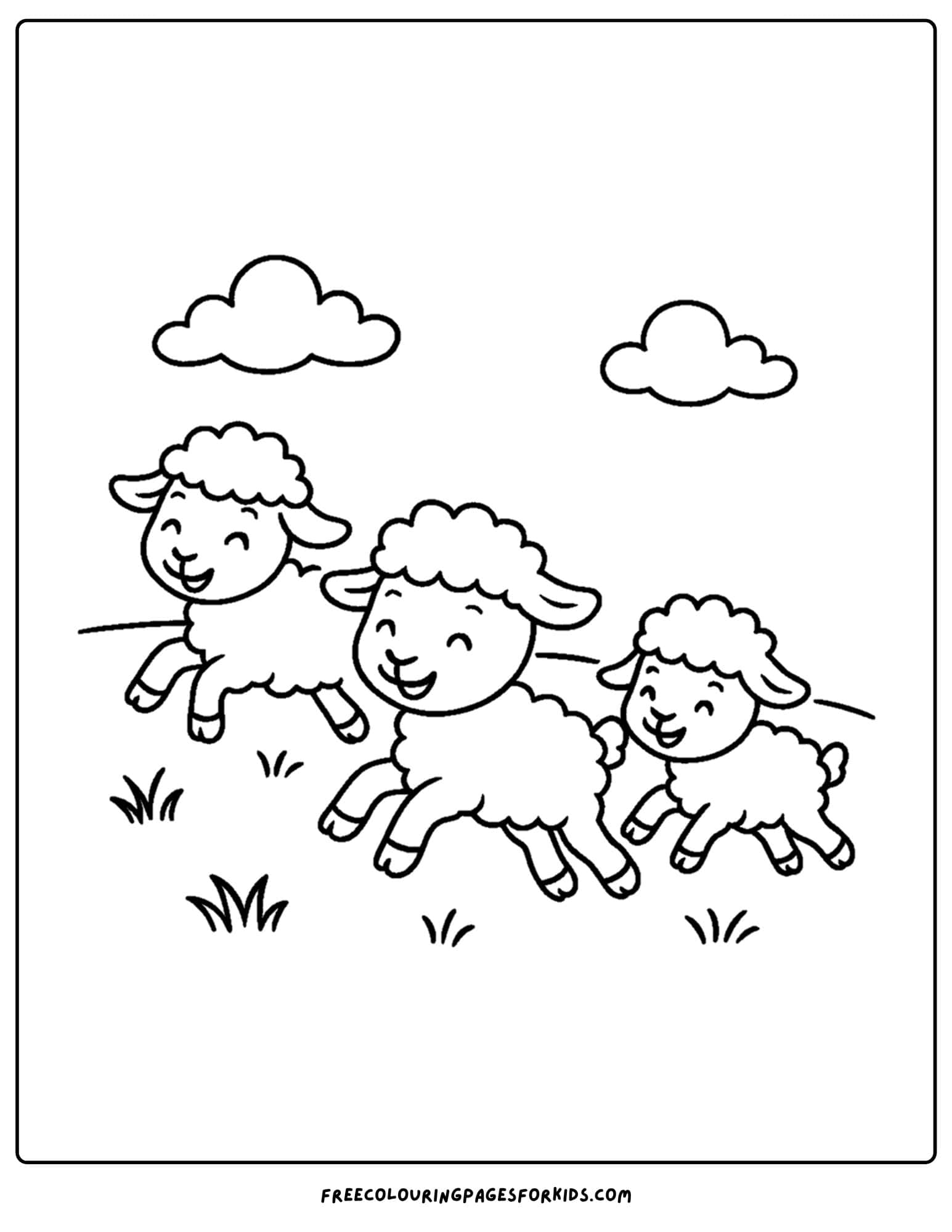 a farm coloring page featuring some lambs running in a field