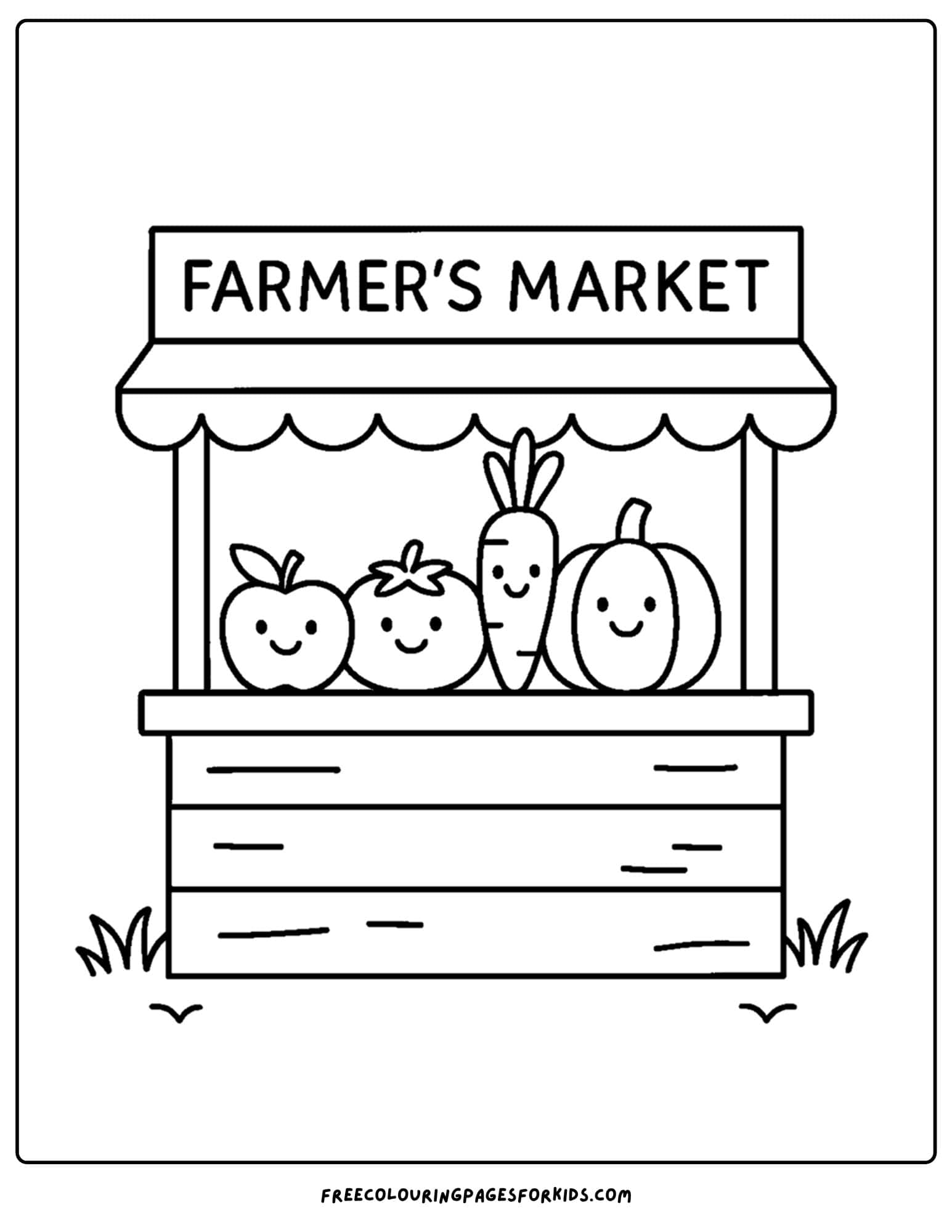 a farm coloring page featuring a farmers market stand