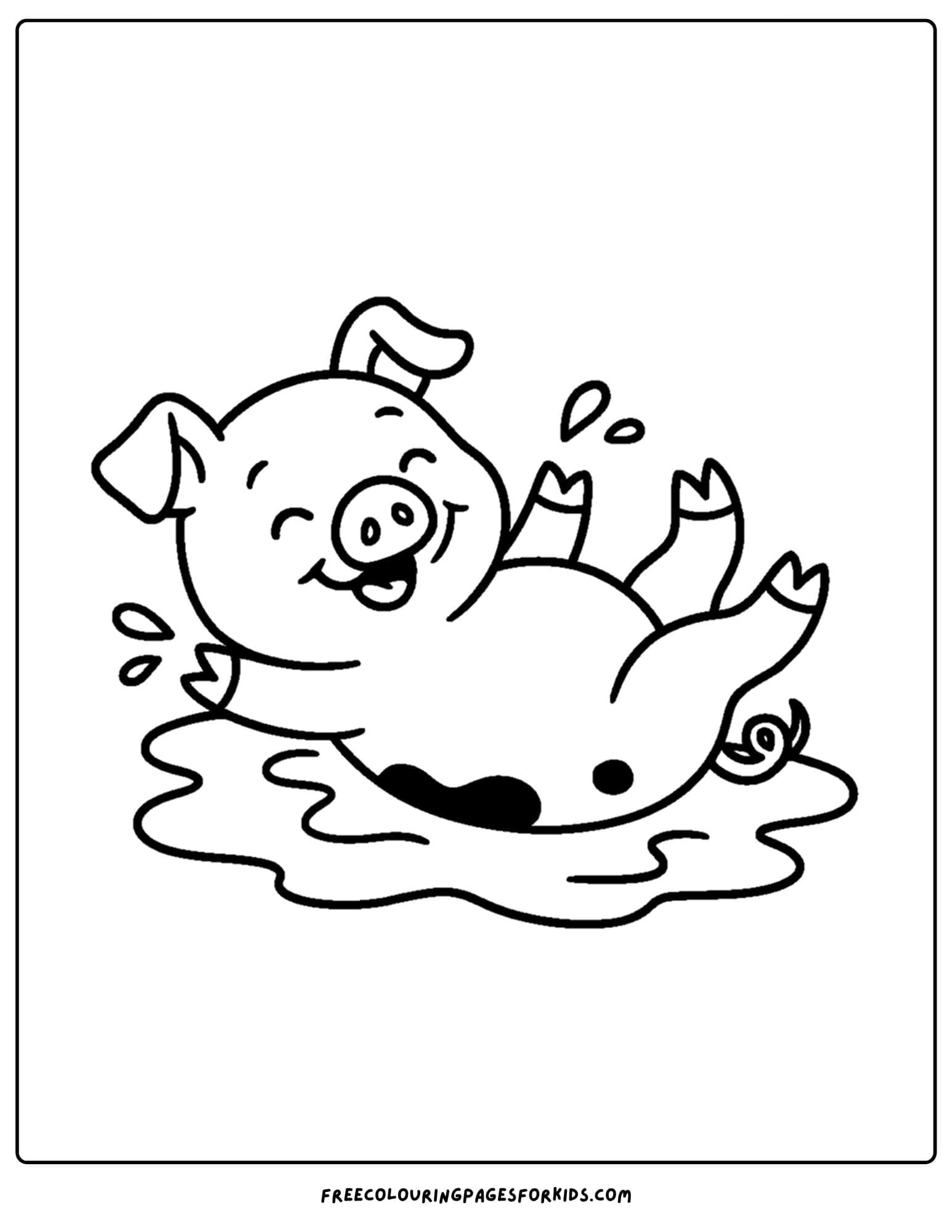 a farm coloring page featuring a pig rolling in the mud
