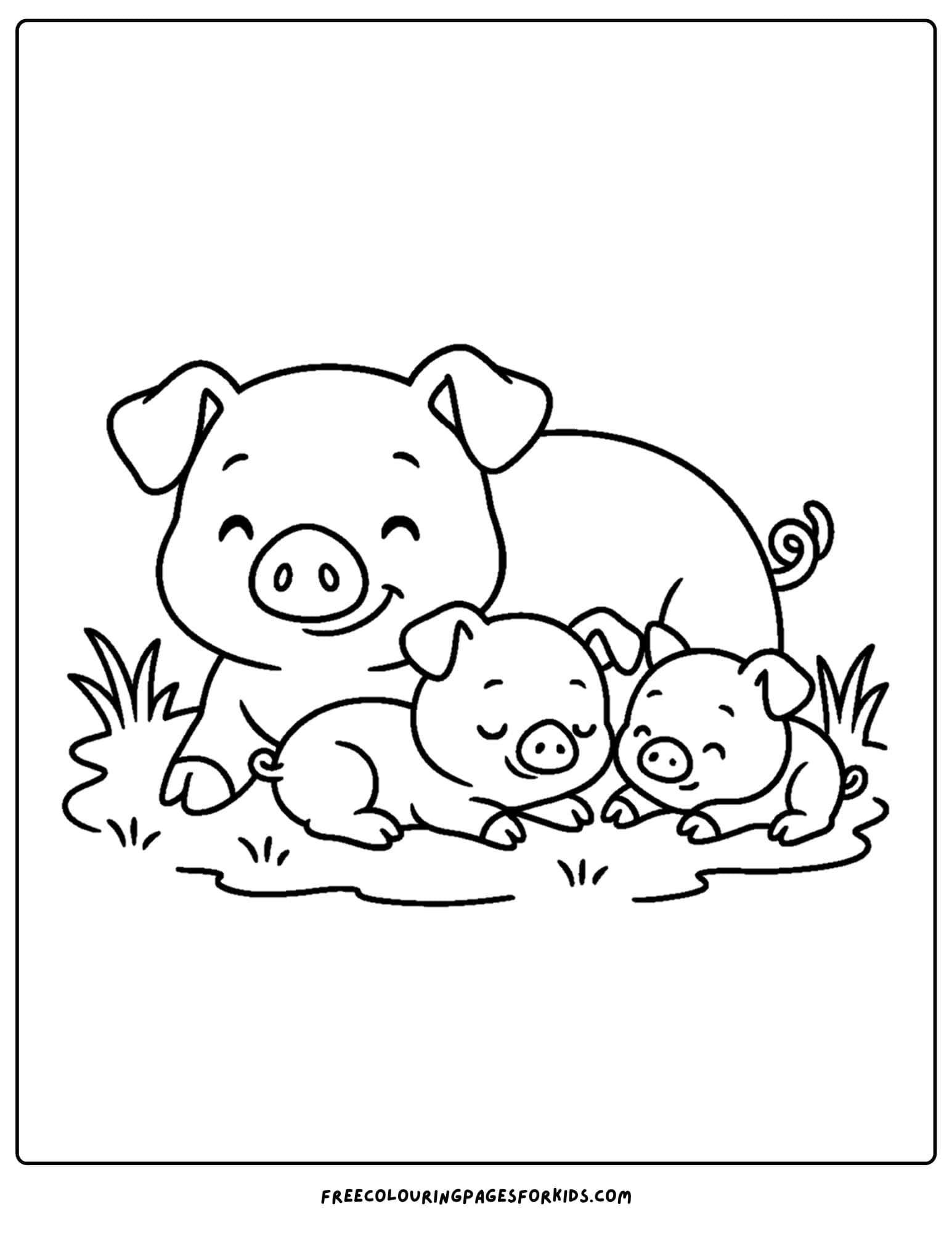 a farm coloring page featuring a mama pig and her piglets