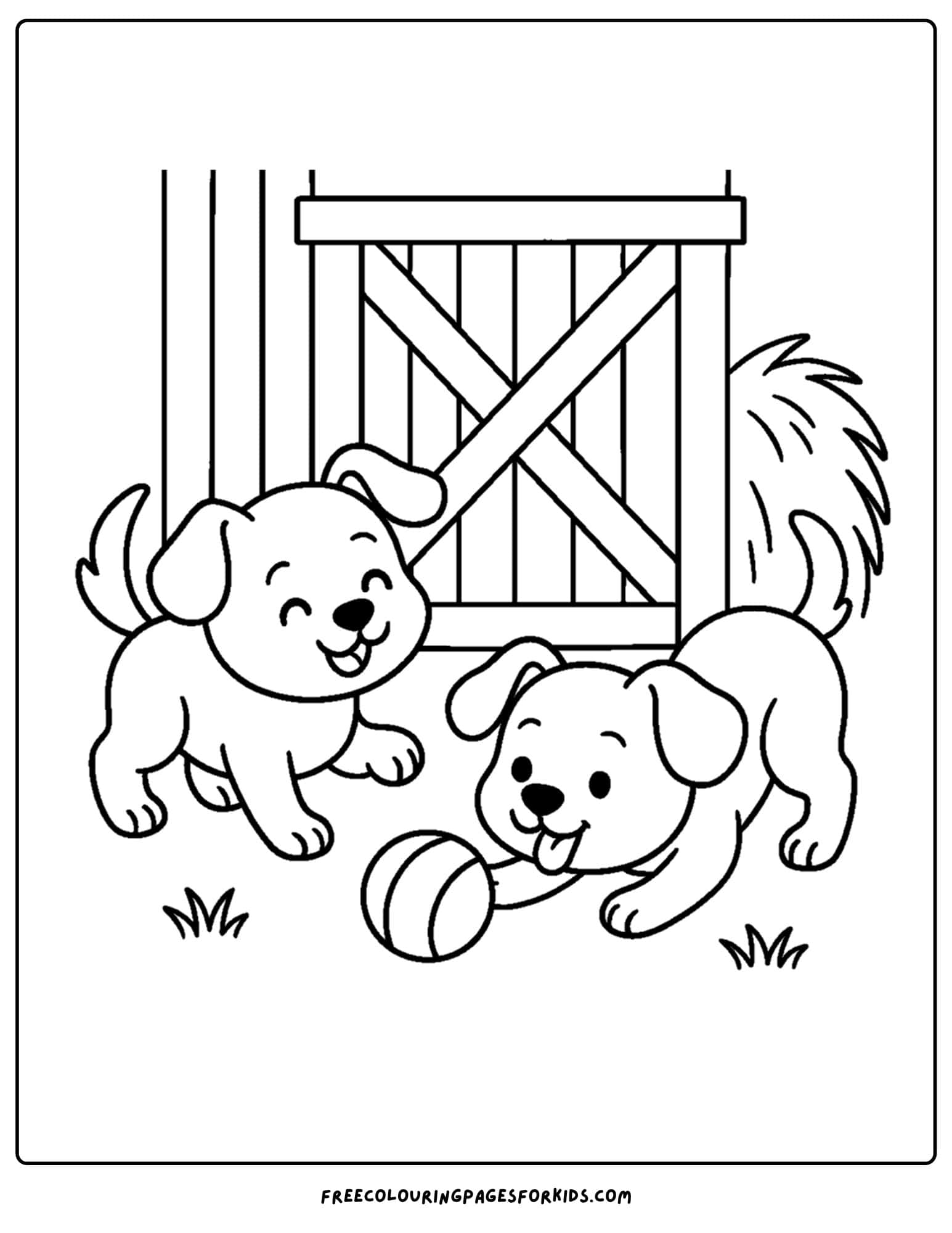 a farm coloring page featuring two dogs playing with a ball in front of a barn