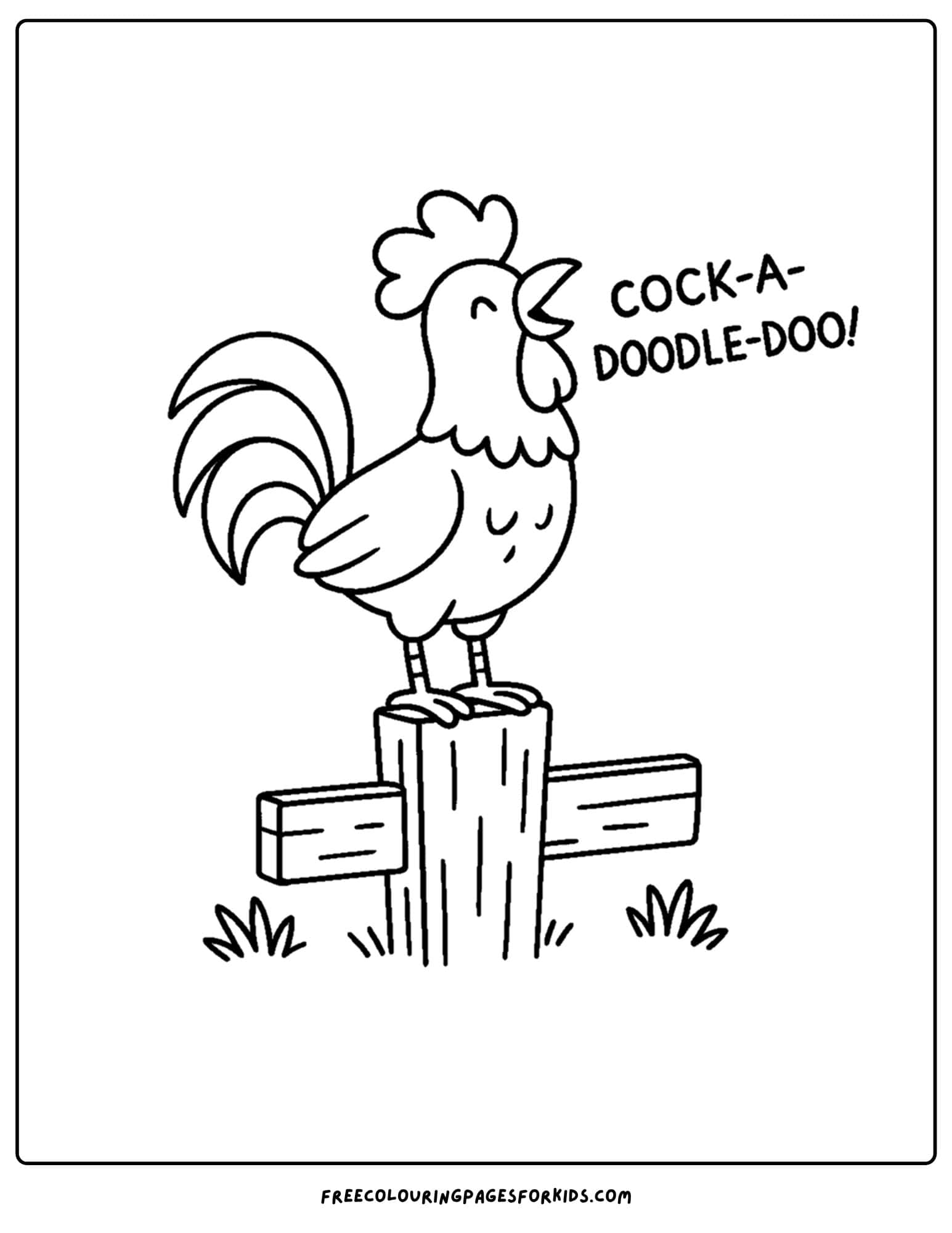 a farm coloring page featuring a rooster on a fence post
