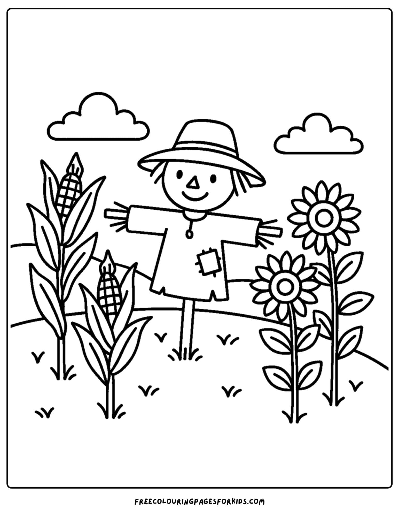 a farm coloring page featuring a scarecrow in a field