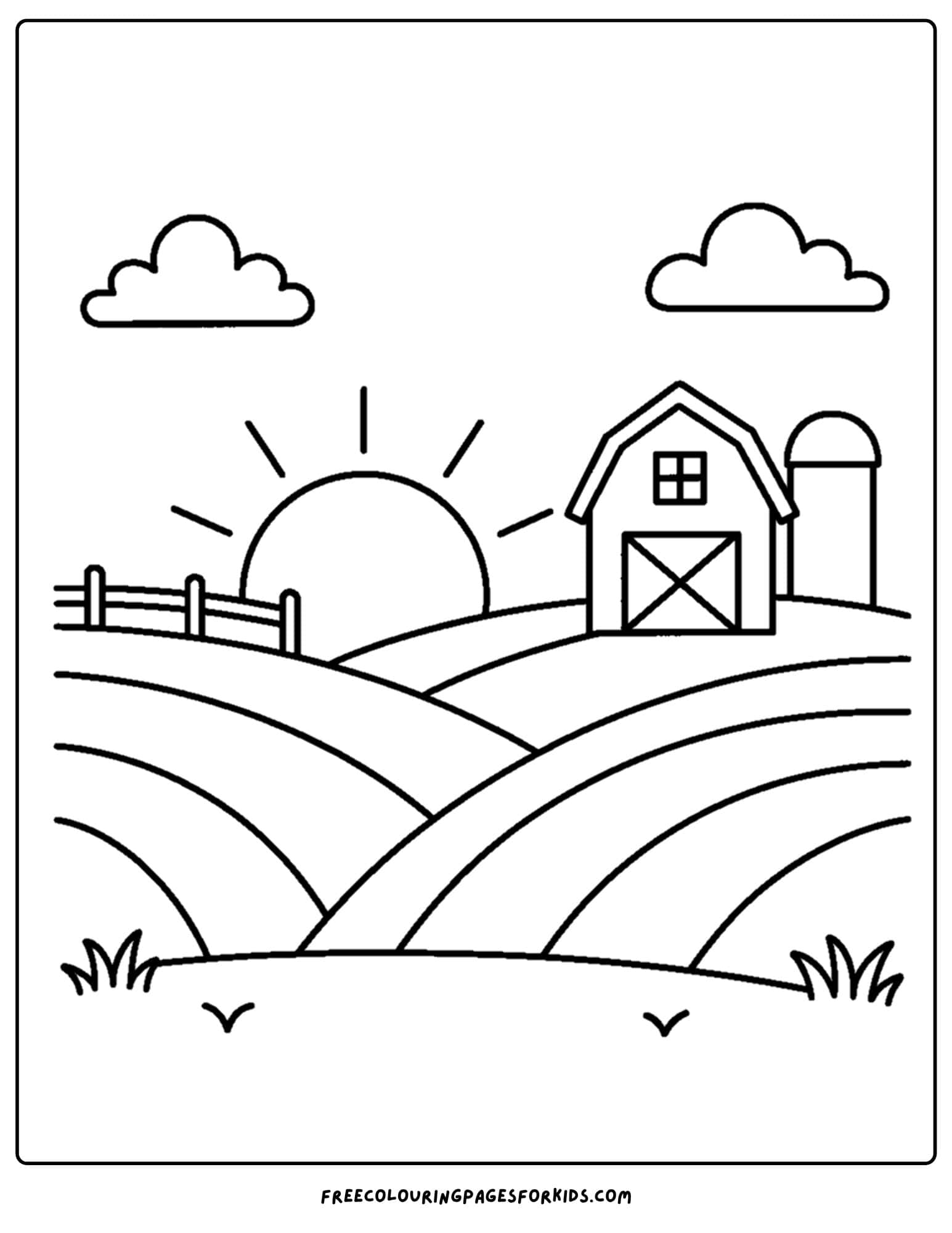 a farm coloring page featuring a sunrise over a barn and and fields