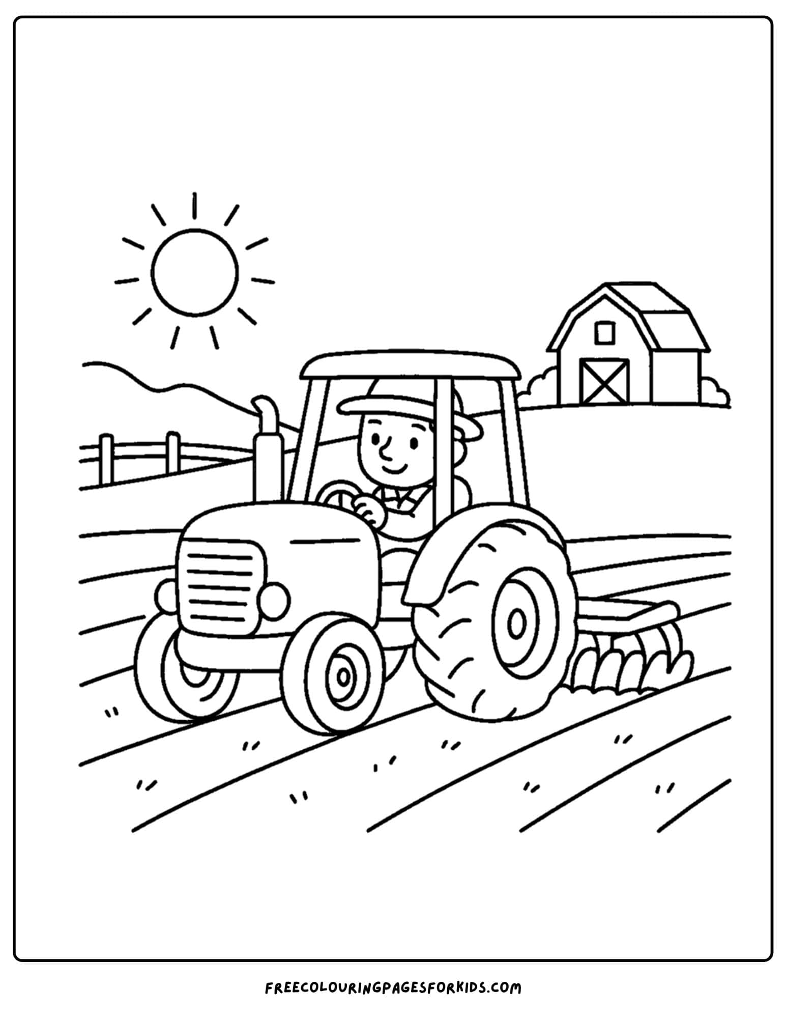 a farm coloring page featuring a tractor plowing a field