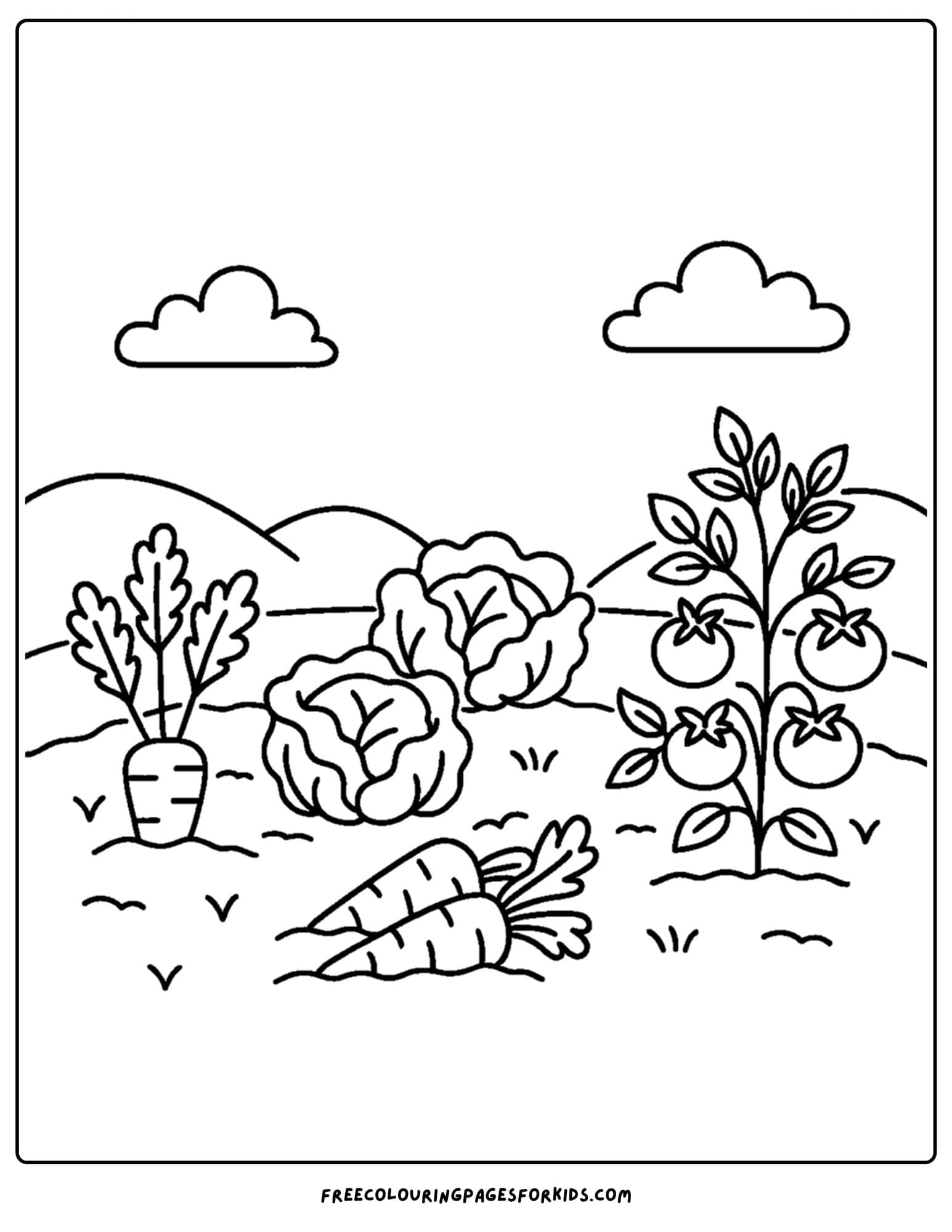 a farm coloring page featuring a vegetable garden of growing vegetables