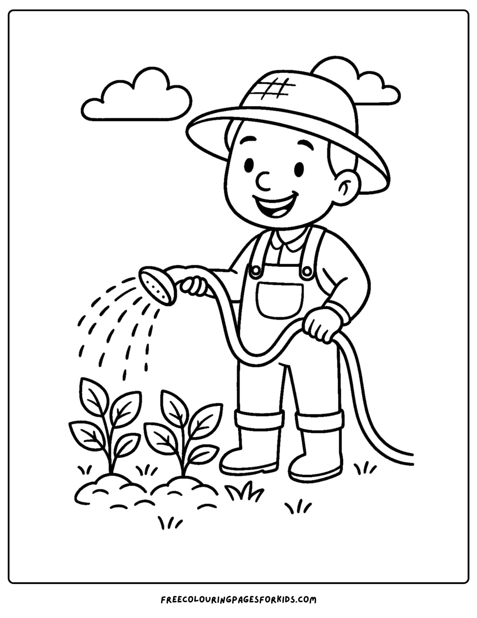 a farm coloring page featuring a farmer watering his crops