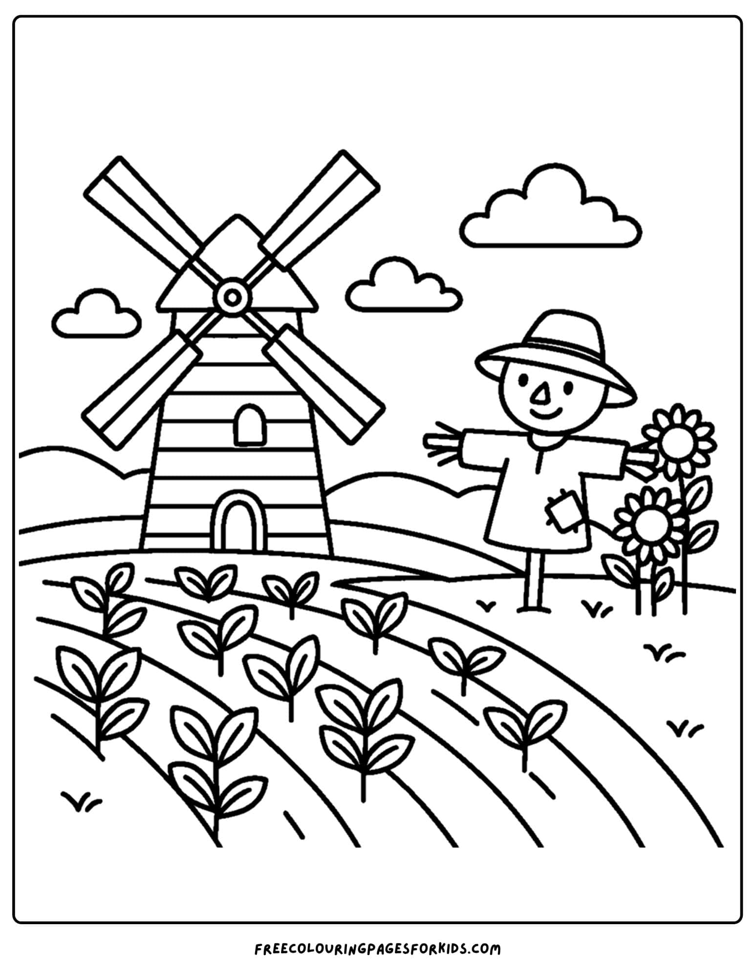 a farm coloring page featuring a windmill and crops in a field