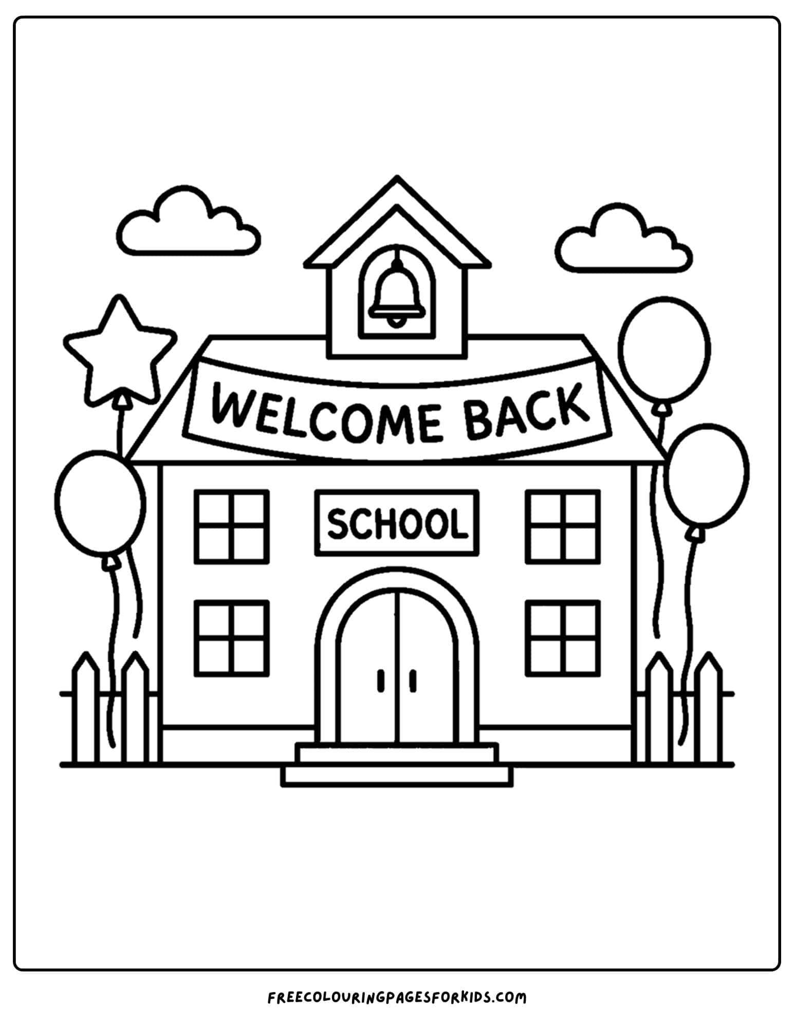 a coloring page for the first day of school featuring a school with a welcome back sign