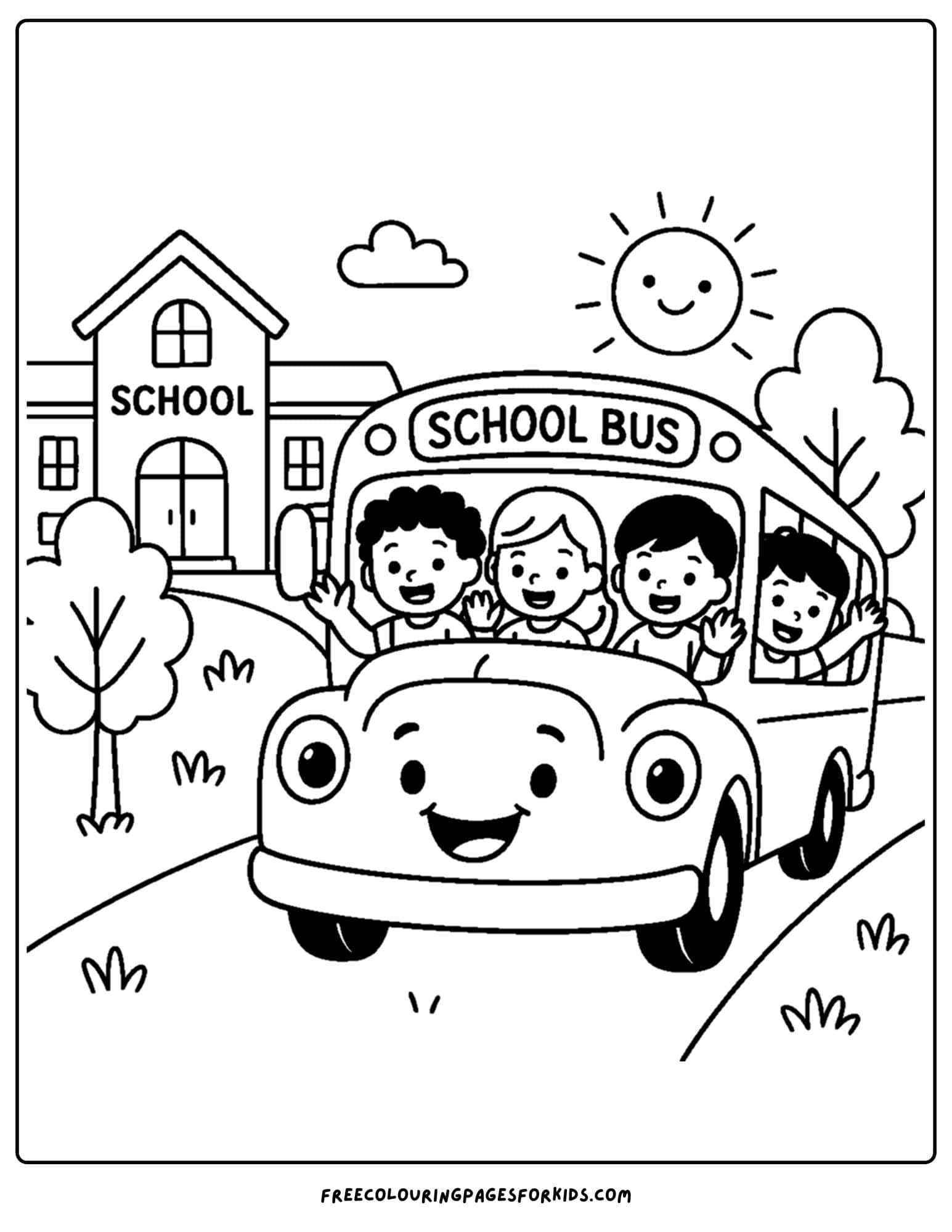 a coloring page for the first day of school featuring a school bus dropping off kids