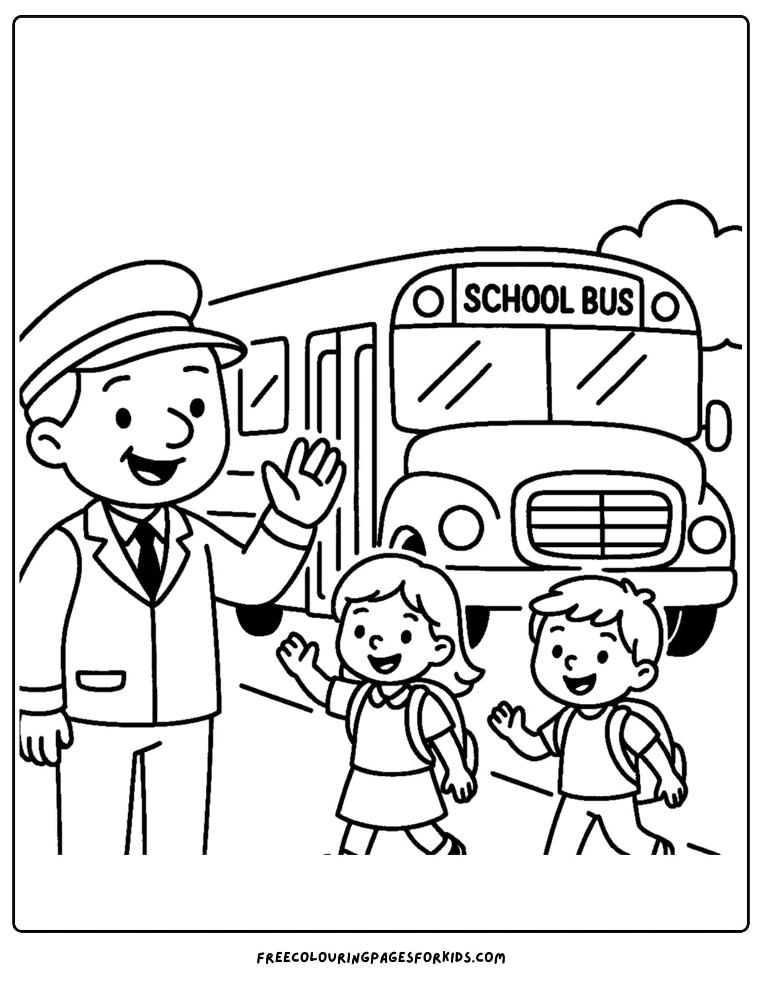 a coloring page for the first day of school featuring a school bus and driver waving