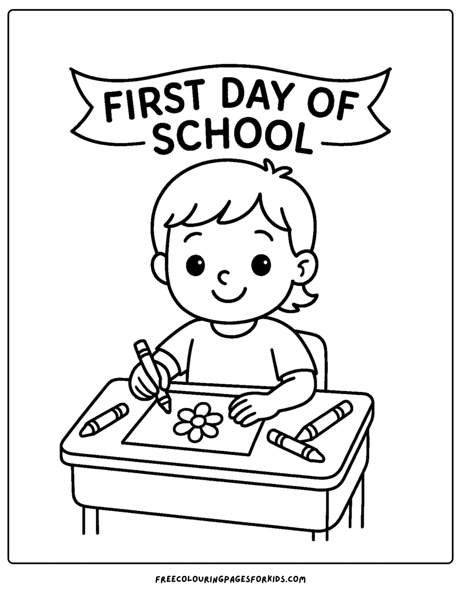 a coloring page for the first day of school featuring a child drawing on the first day of school