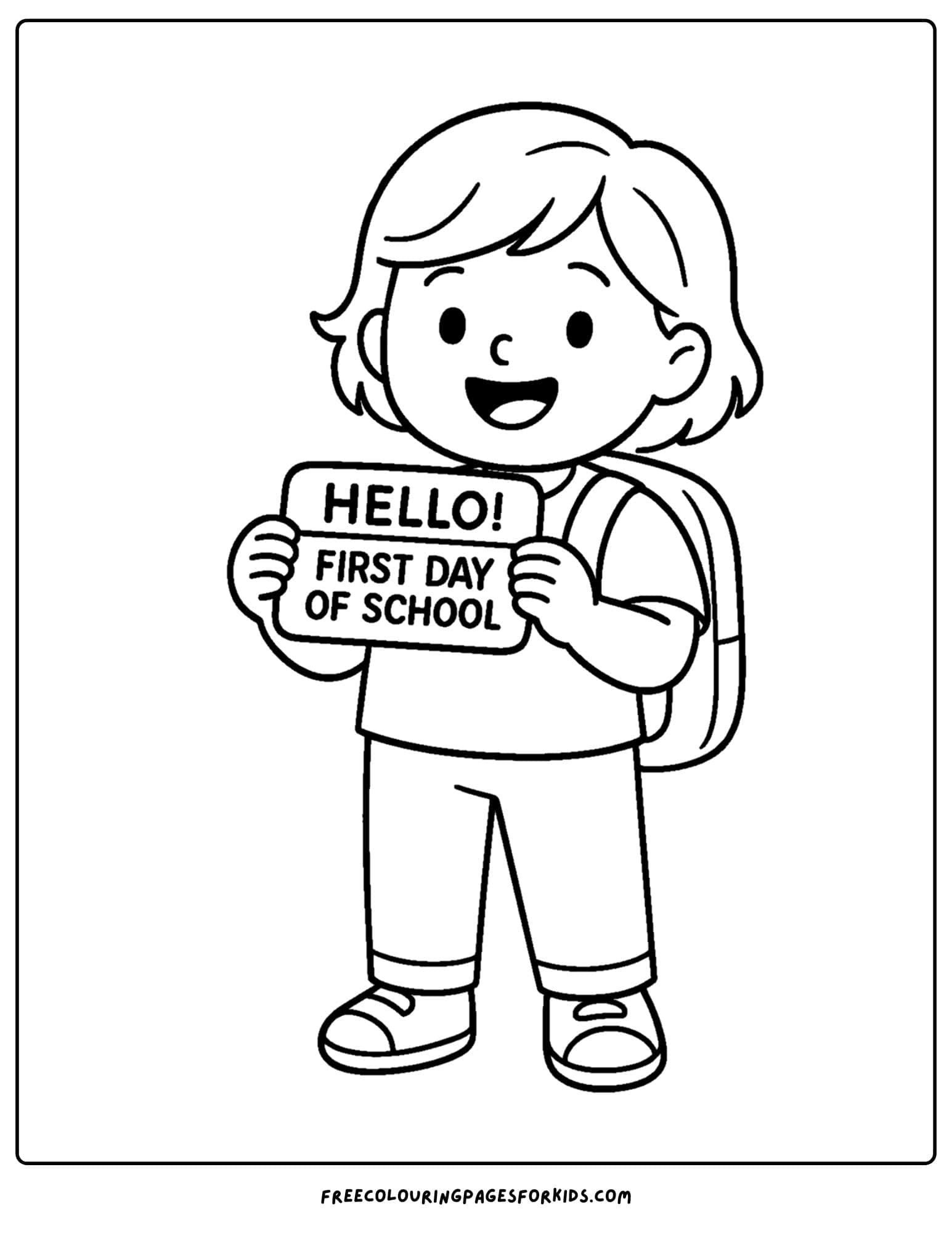 a coloring page for the first day of school featuring a child holding a sign