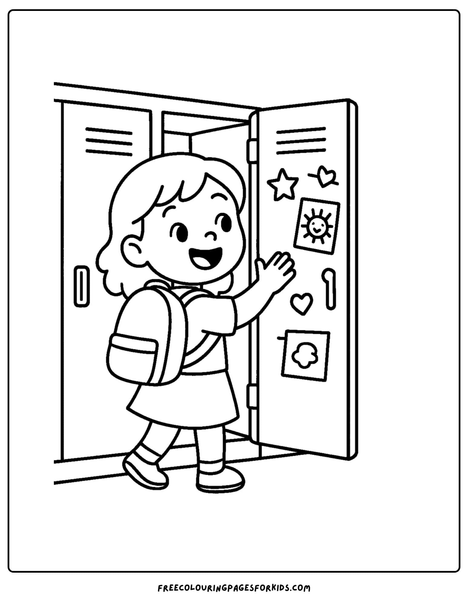a coloring page for the first day of school featuring a child opening her locker