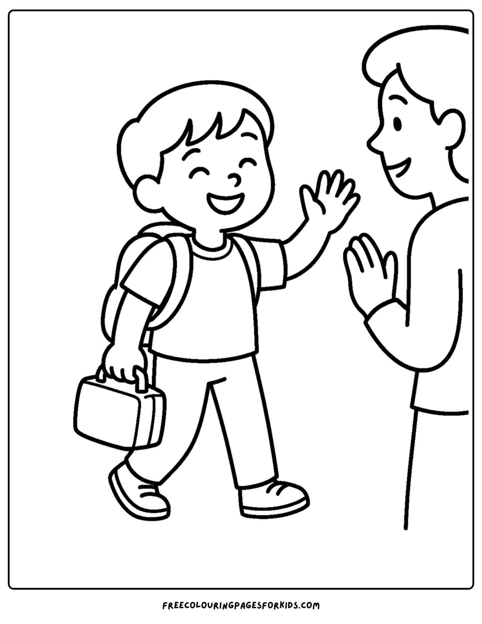 a coloring page for the first day of school featuring a child waving goodbye