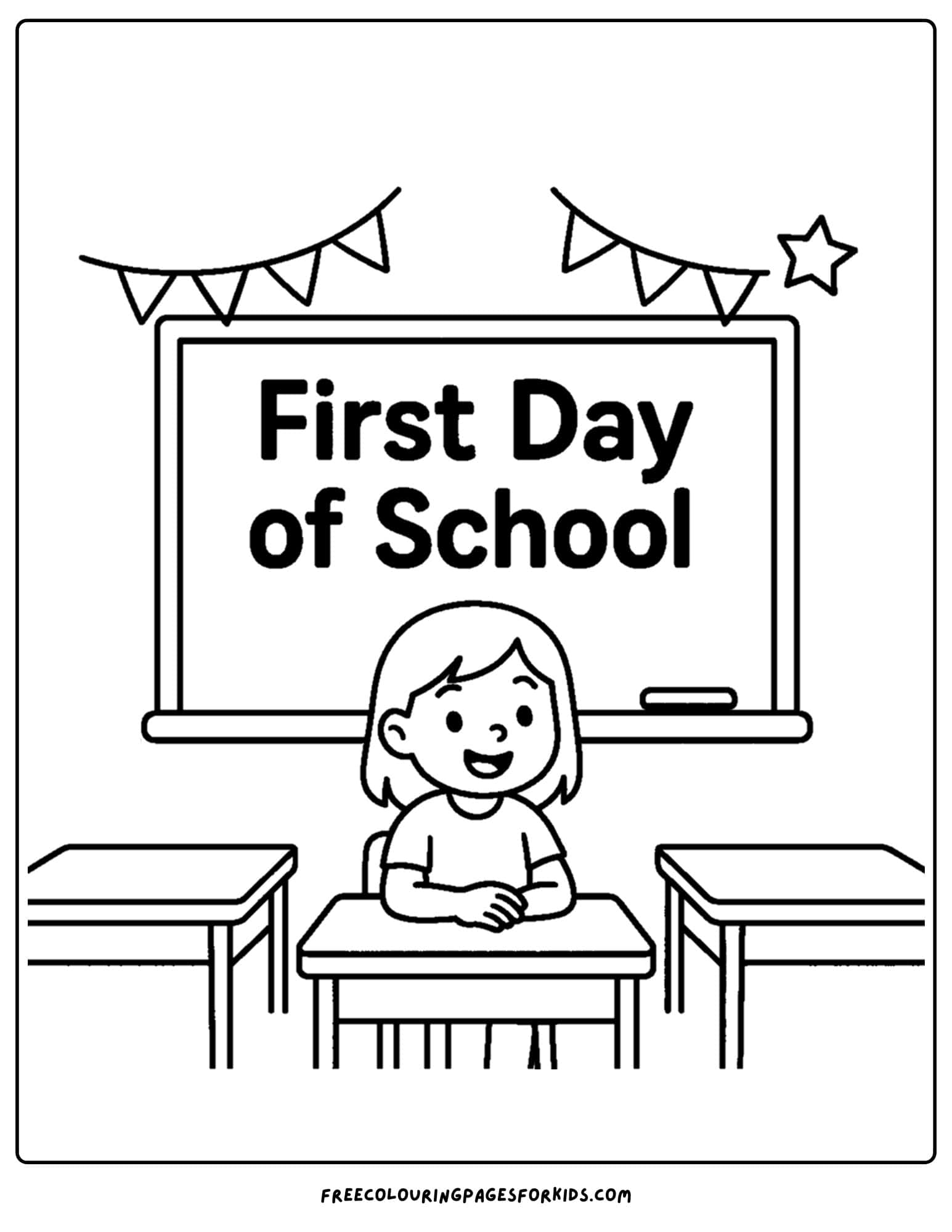 a coloring page for the first day of school featuring a child sitting in class