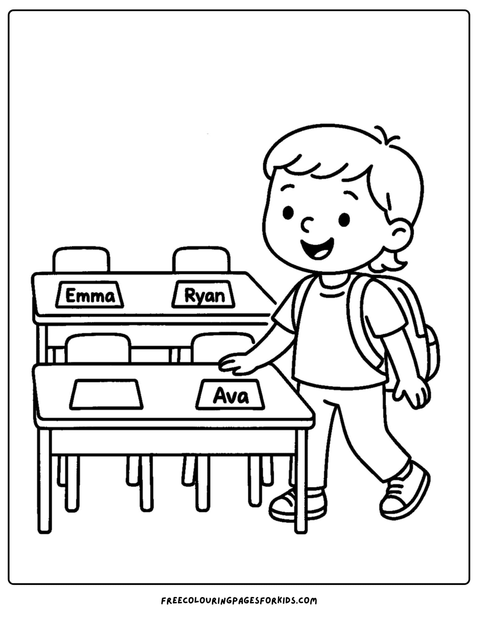 a coloring page for the first day of school featuring a child finding their desk