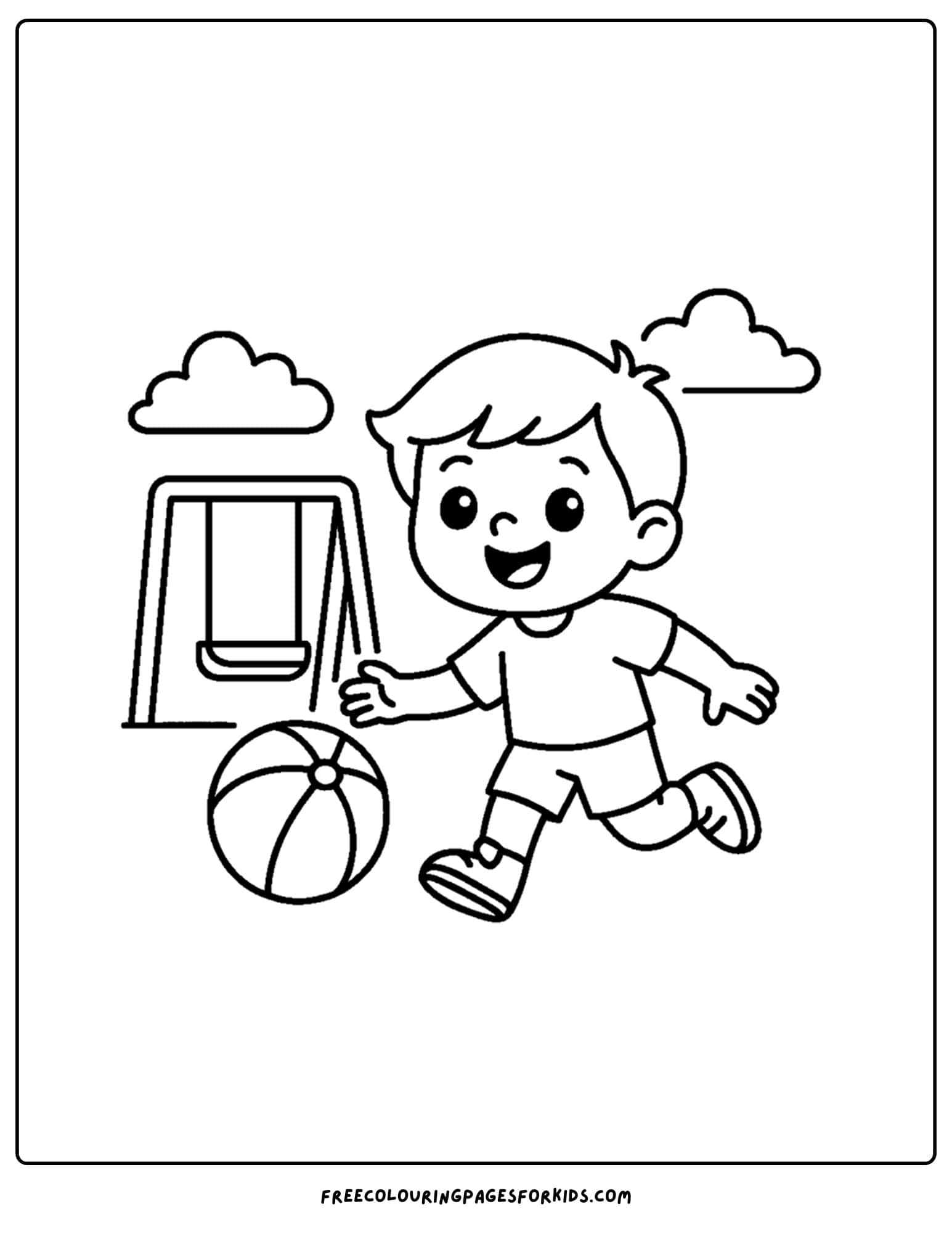 a coloring page for the first day of school featuring a child playing in the school yard