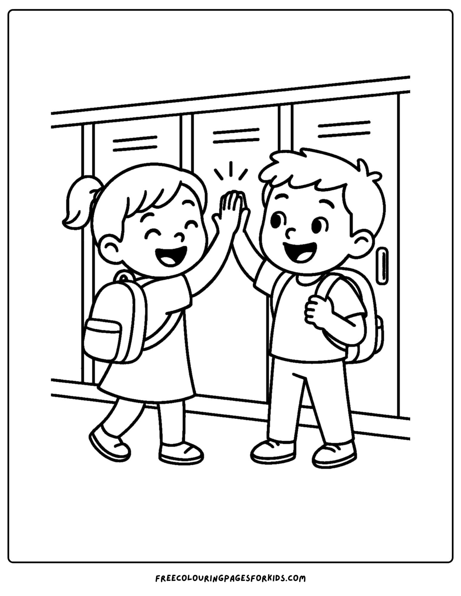 a coloring page for the first day of school featuring kids giving a high five