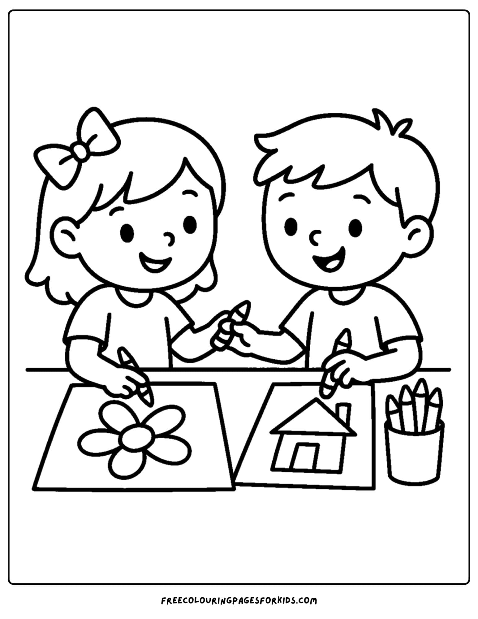 a coloring page for the first day of school featuring kids sharing a crayon