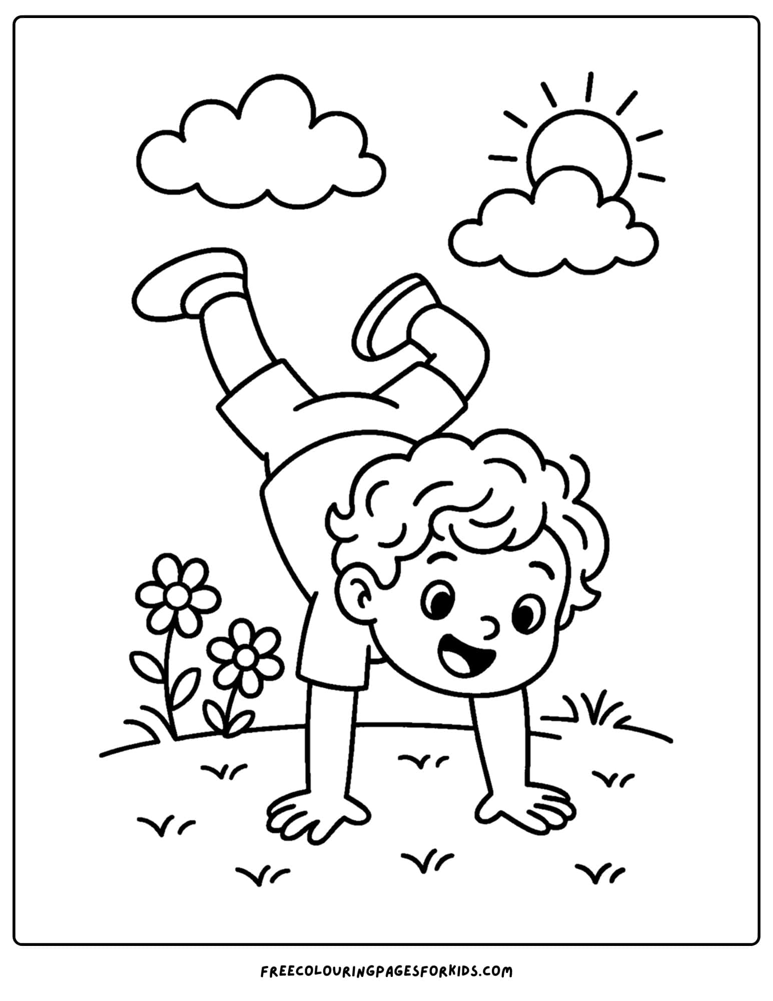 a coloring page for the first day of school featuring a boy doing a hand stand