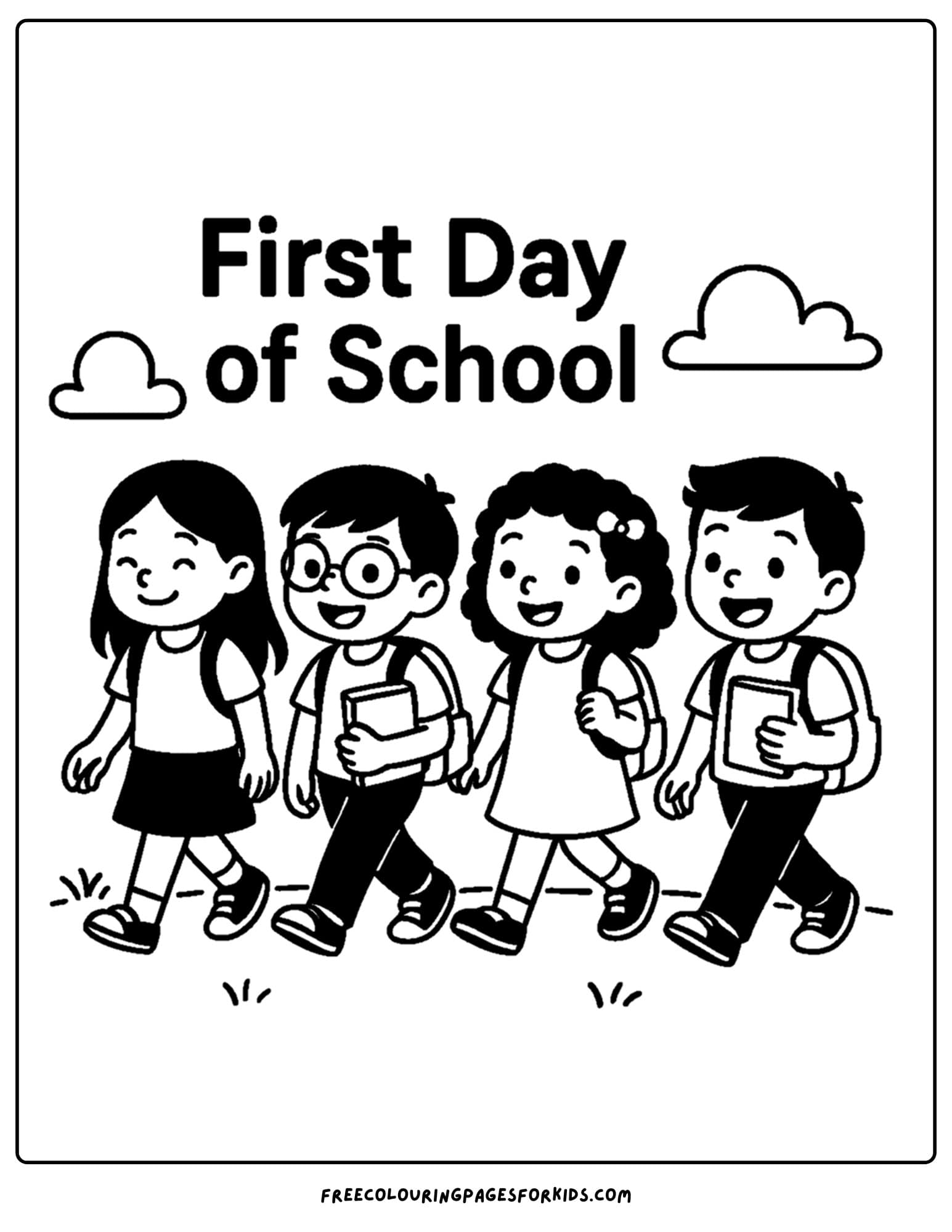 a coloring page for the first day of school featuring kids walking to school