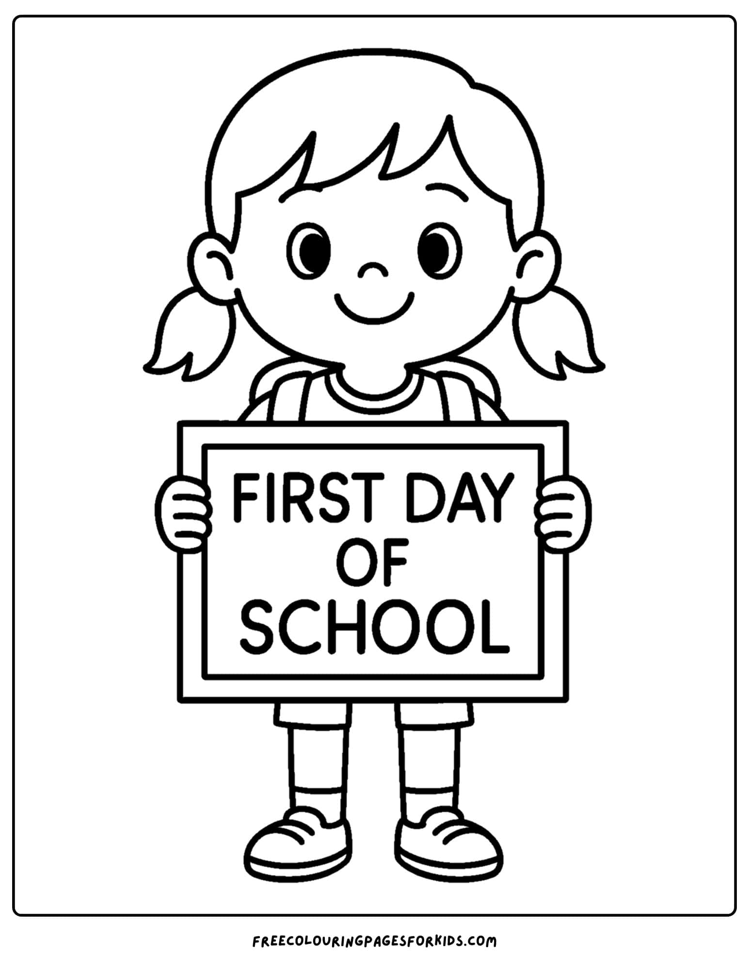 a coloring page for the first day of school featuring a girl holding a sign