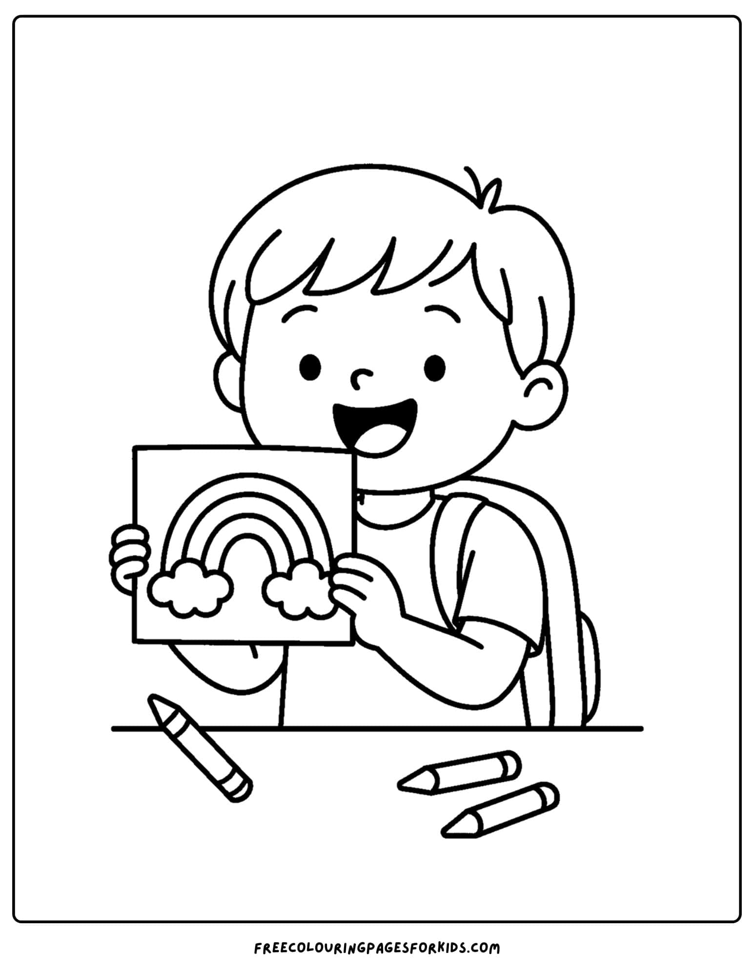 a coloring page for the first day of school featuring a child drawing a rainbow on some paper