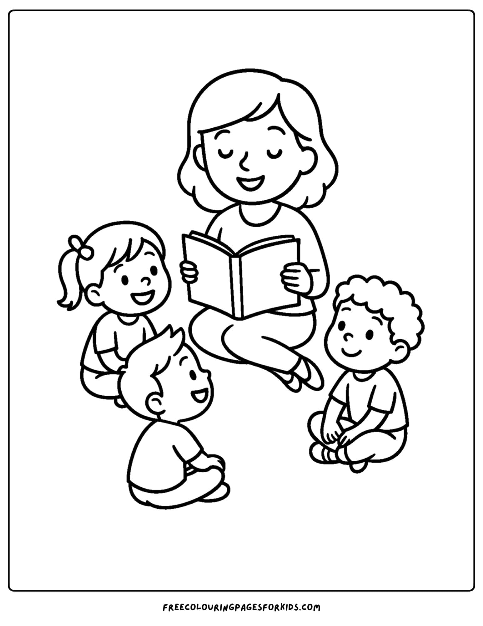 a coloring page for the first day of school featuring a teacher reading to her class