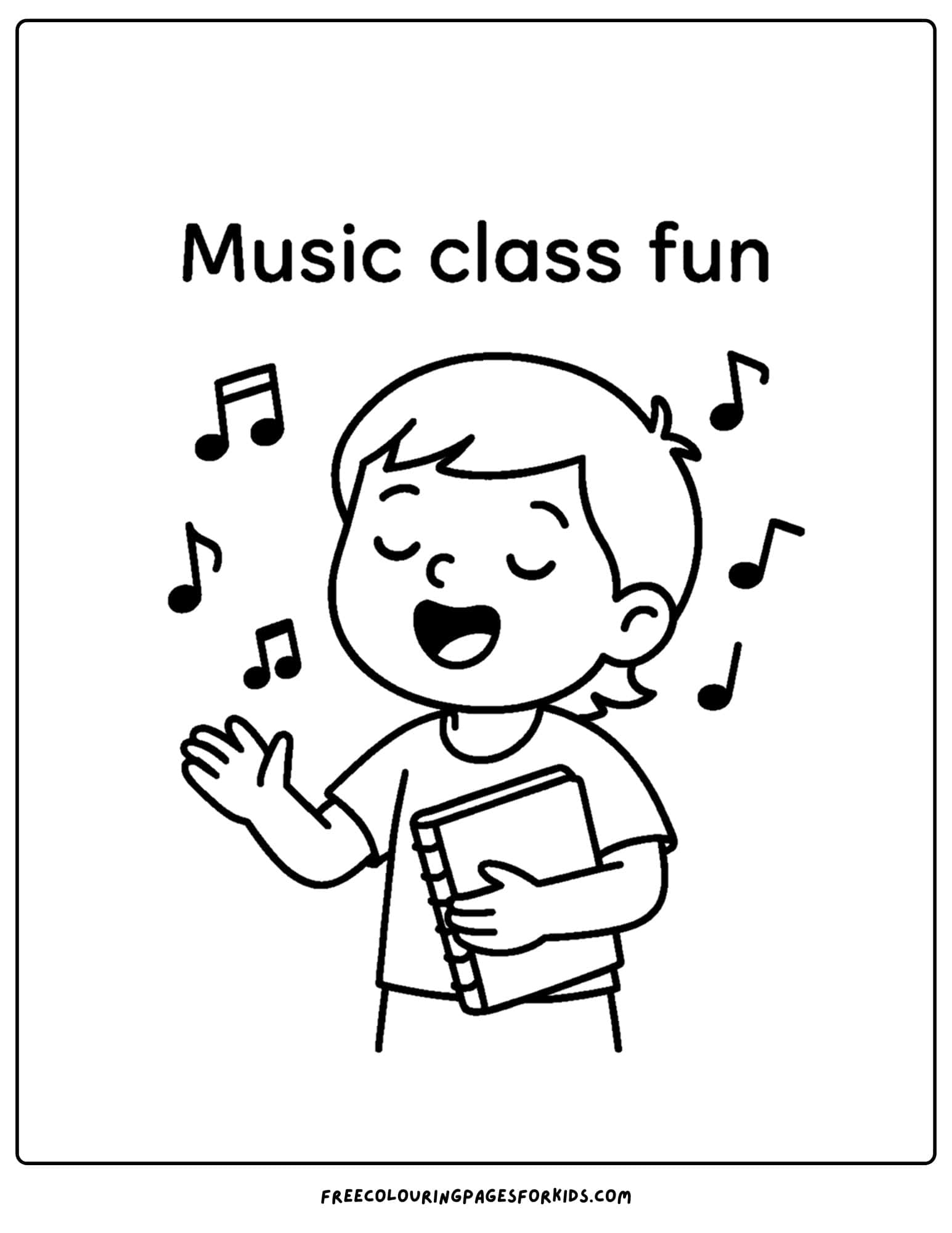 a coloring page for the first day of school featuring a boy signing in music class