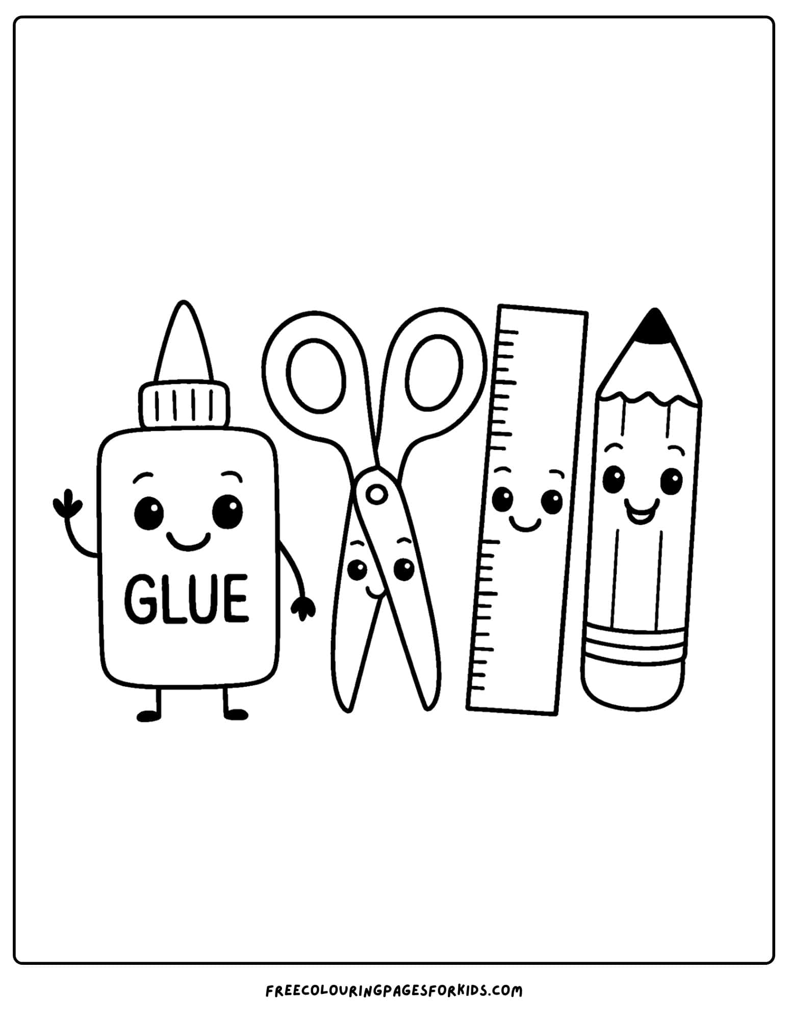 a coloring page for the first day of school featuring a some smiling school supplies like glue and scissors
