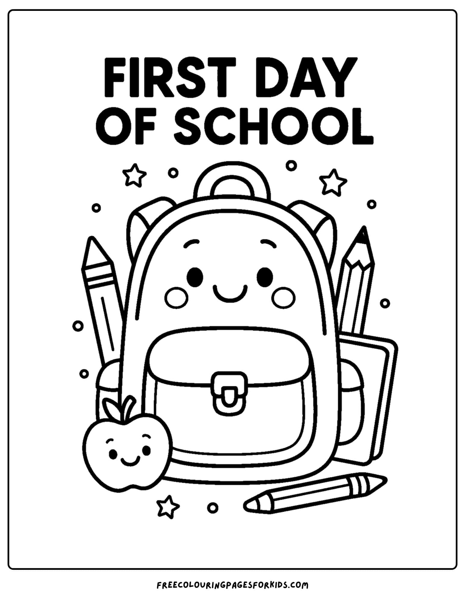 a coloring page for the first day of school featuring a backpack of school supplies