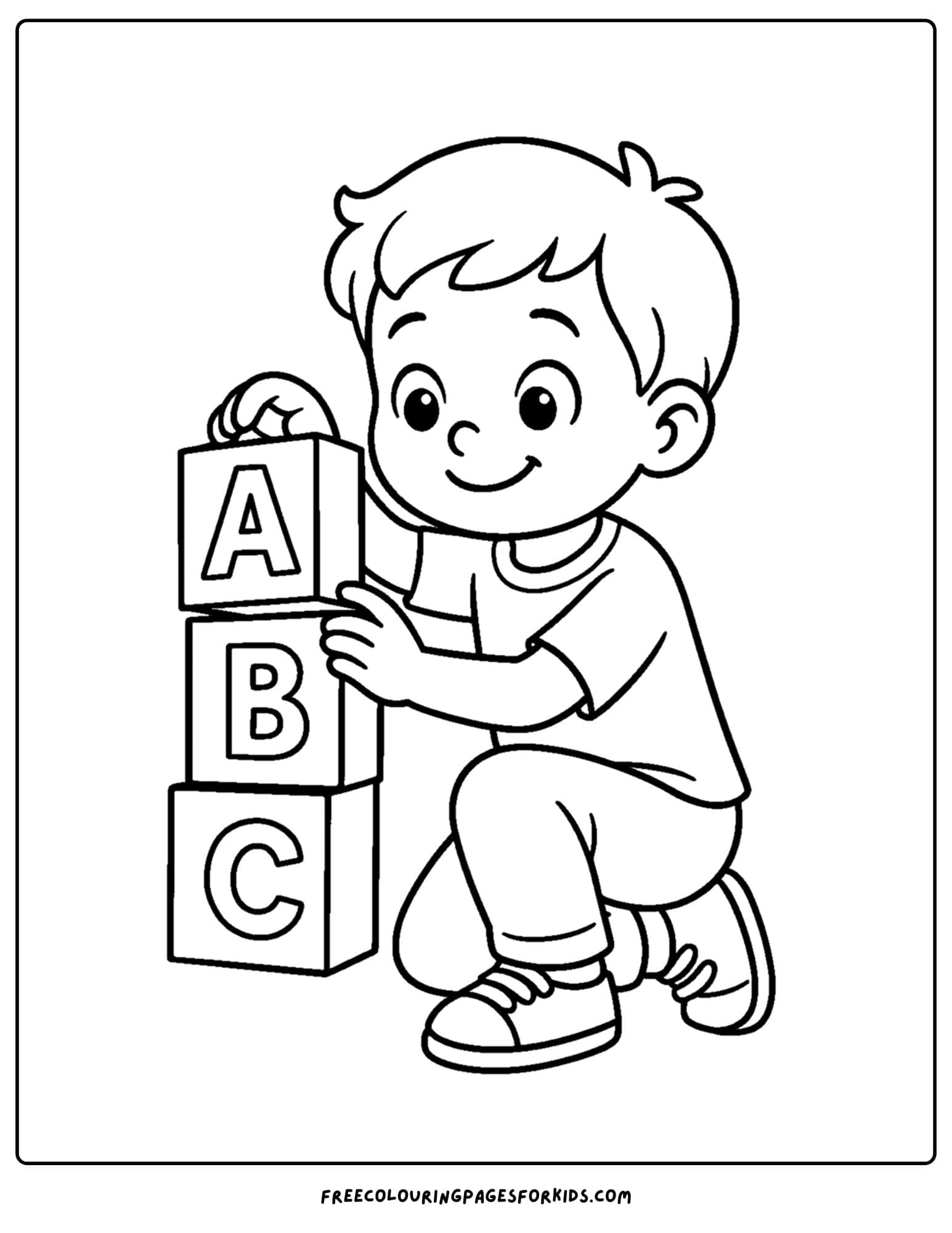 a coloring page for the first day of school featuring a child stacking a b c blocks