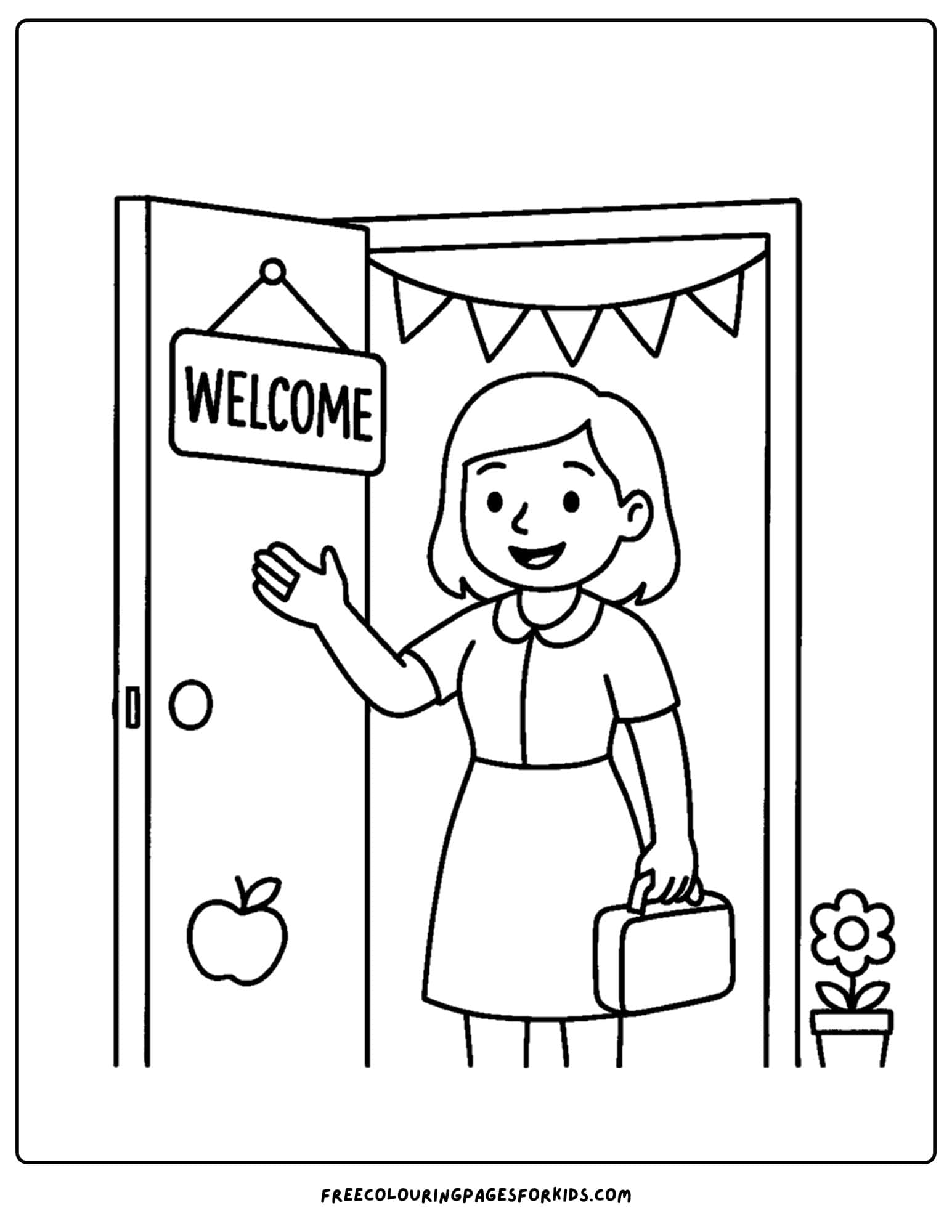 a coloring page for the first day of school featuring a teacher entering a class