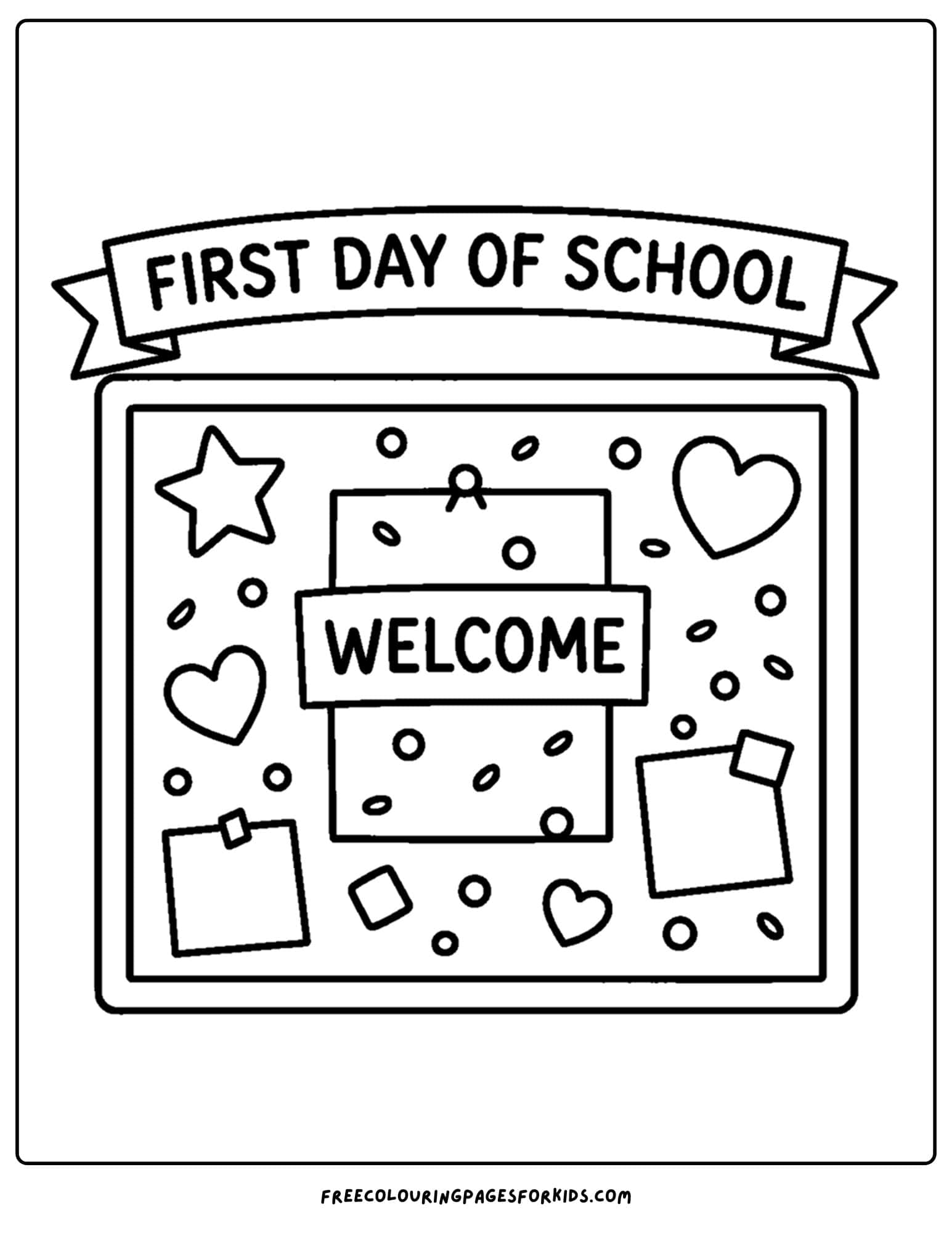 a coloring page for the first day of school featuring a welcome sign