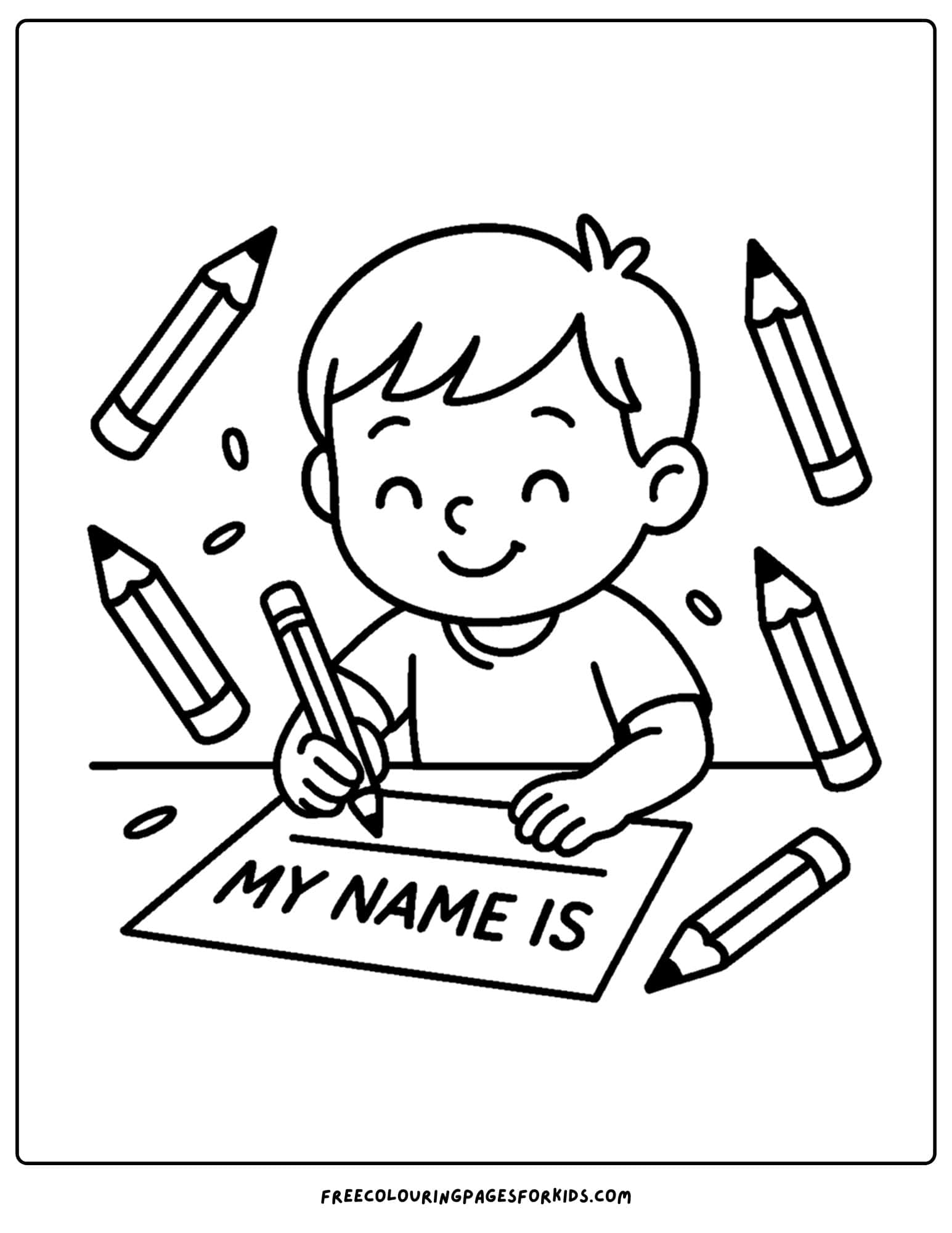 a coloring page for the first day of school featuring a child writing their name