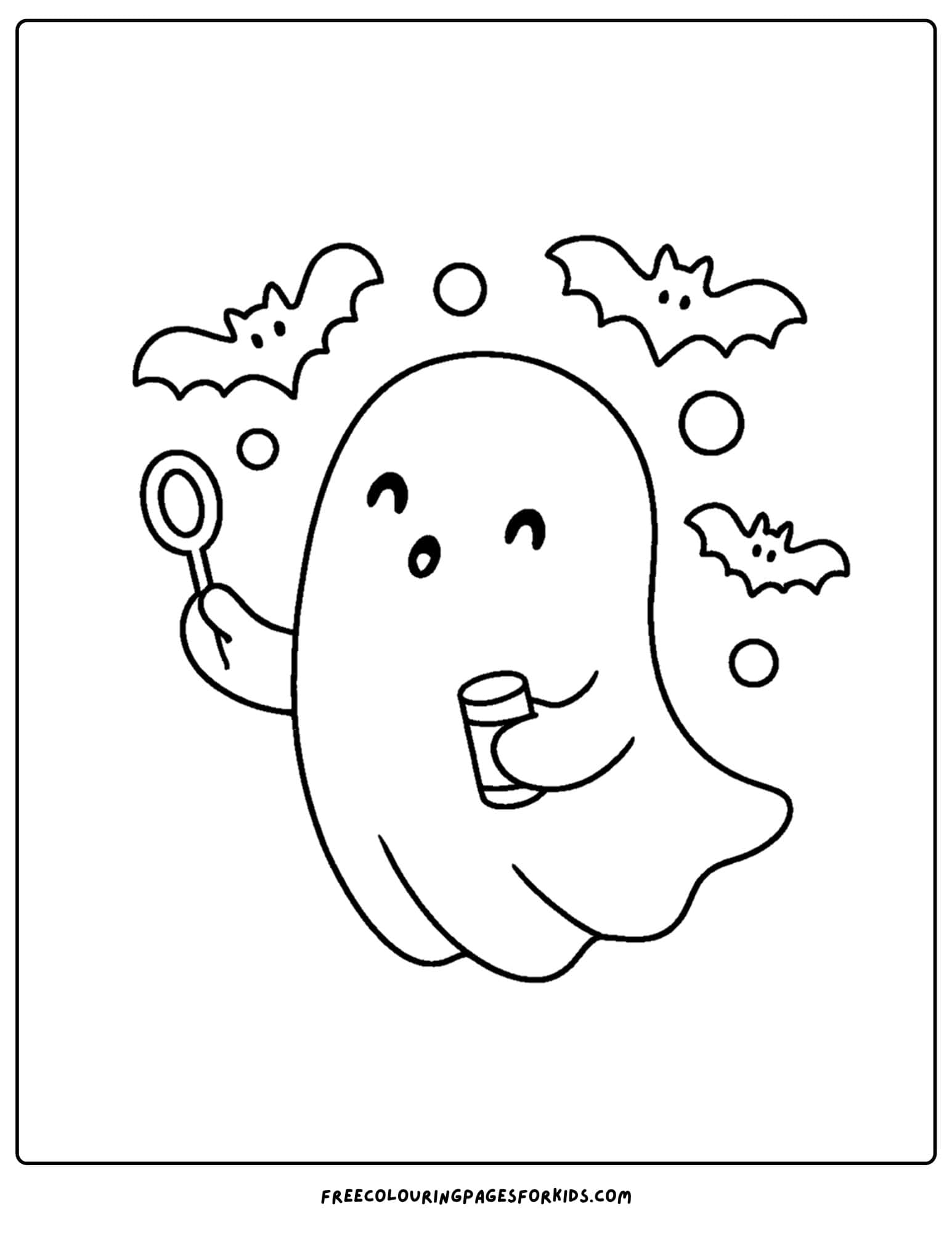 a ghost blowing bat shaped bubbles coloring page