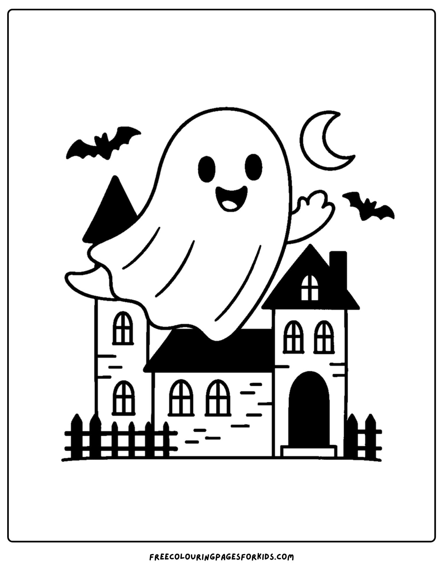 a ghost flying over a haunted house coloring page